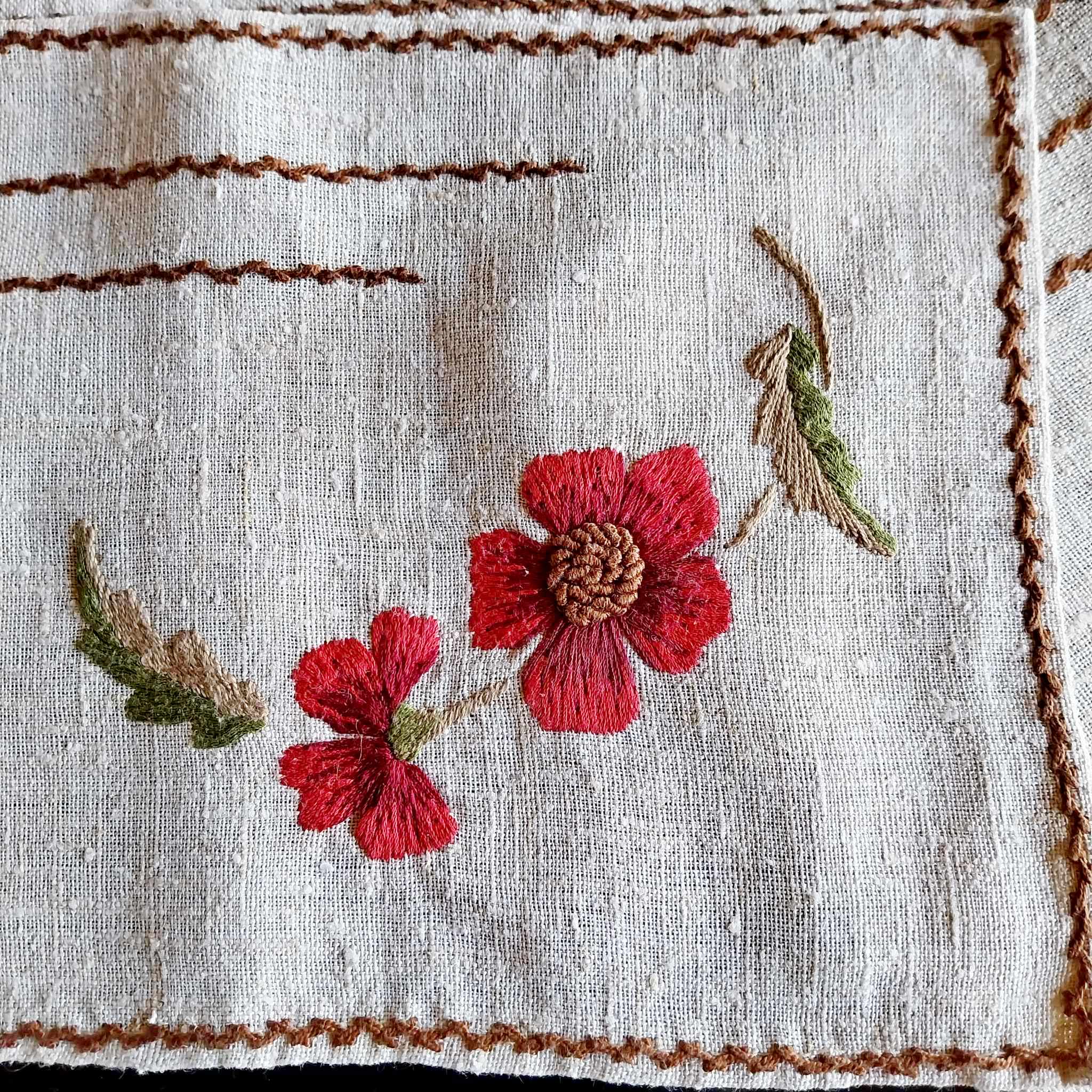 Handmade Embroidered Linen Placemats — Set of 7, Floral, Vintage
