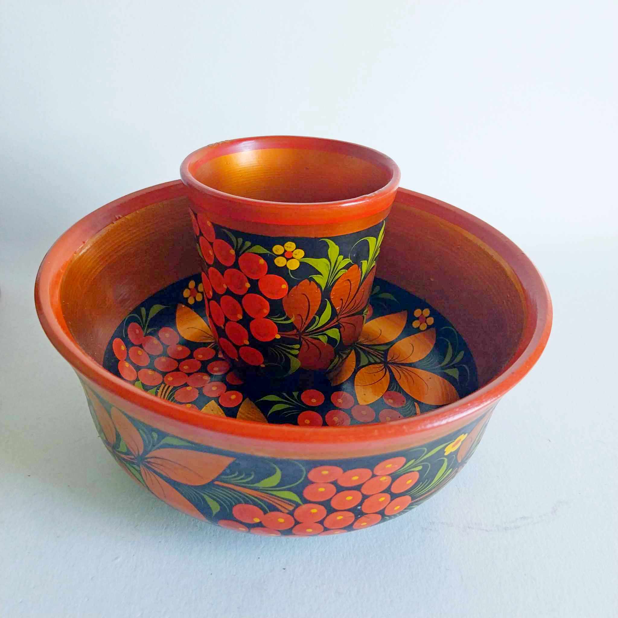 Vintage Khokhloma Hand-Painted Wooden Bowl & Cup Set