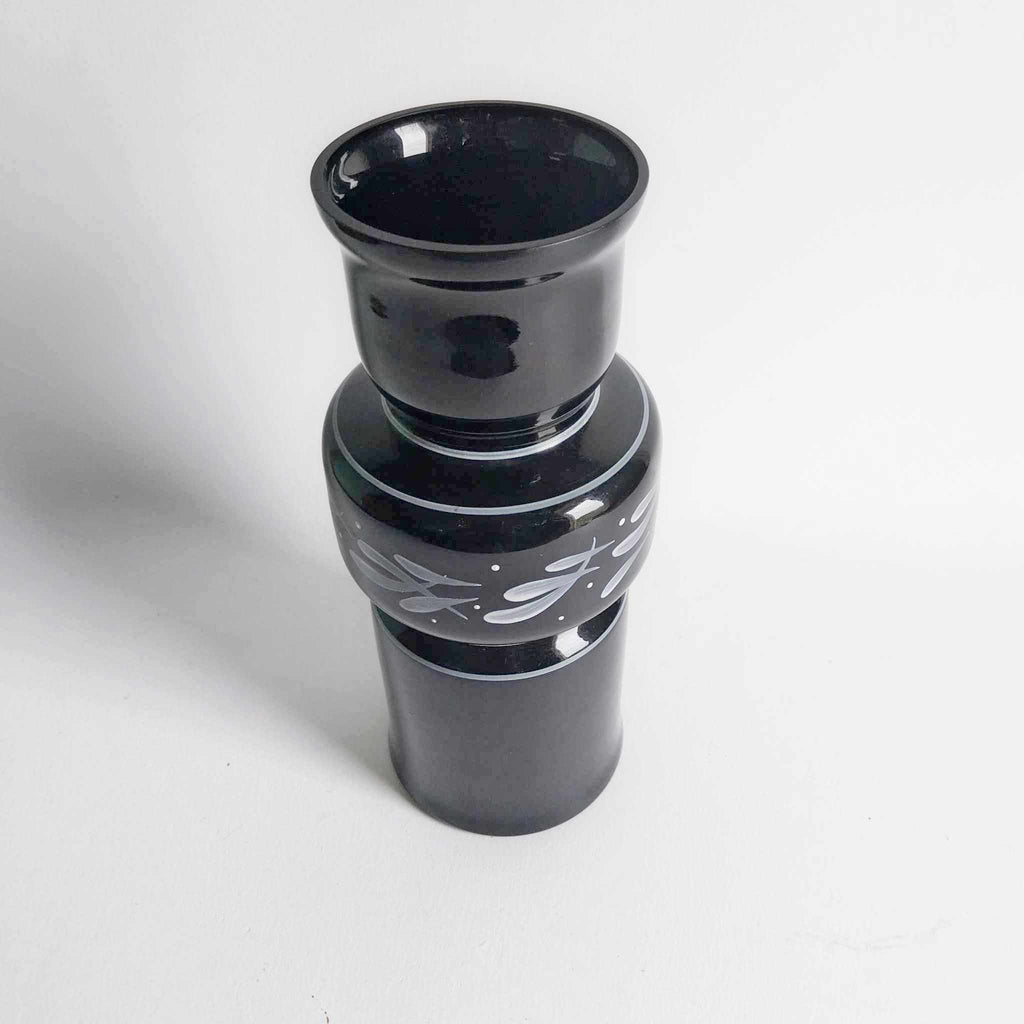 Vintage Bulgarian Black Glass Vase — Hand-Painted Silver Leaves, 1970s