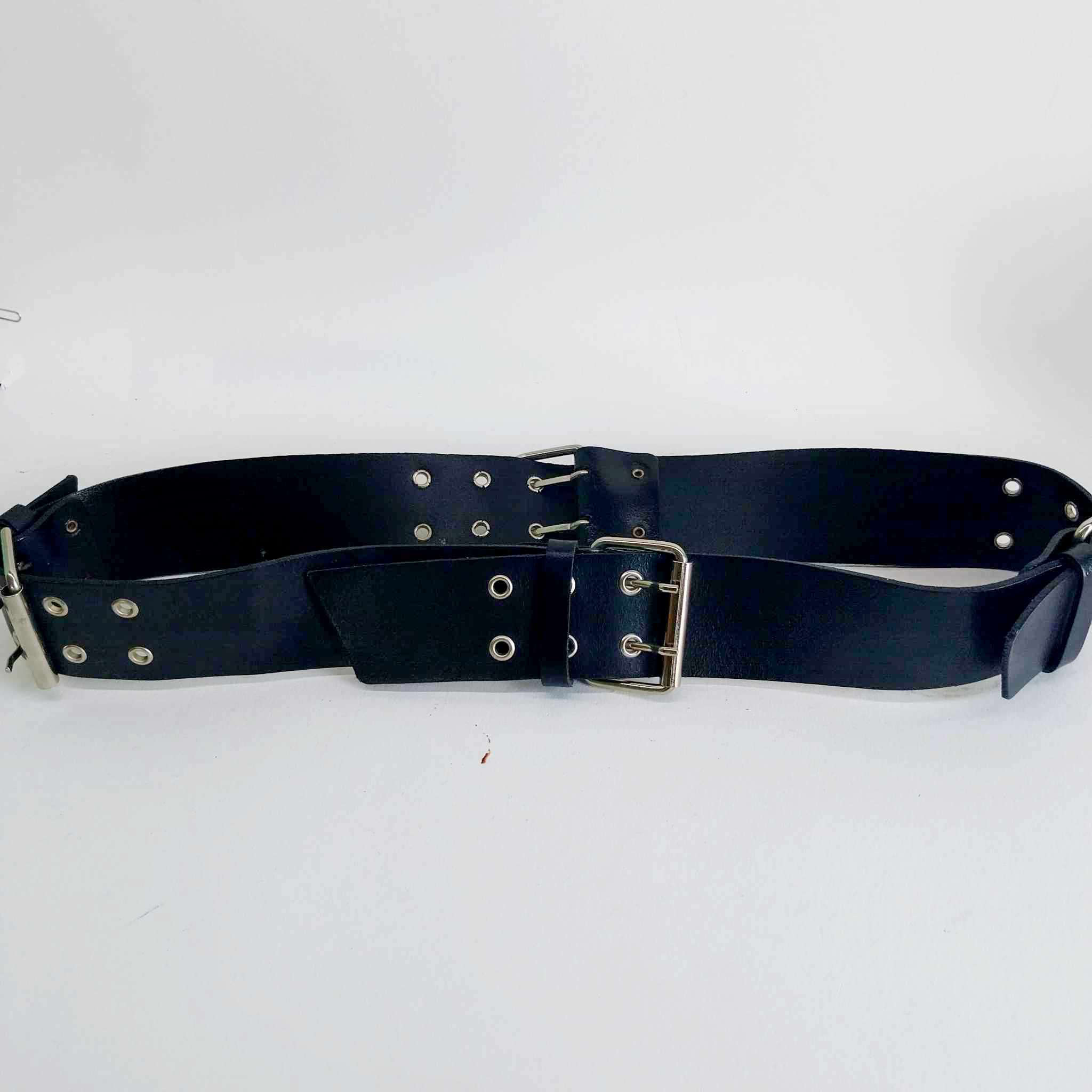 Vintage Black Leather Belt with 4 Double Buckles & Eyelets
