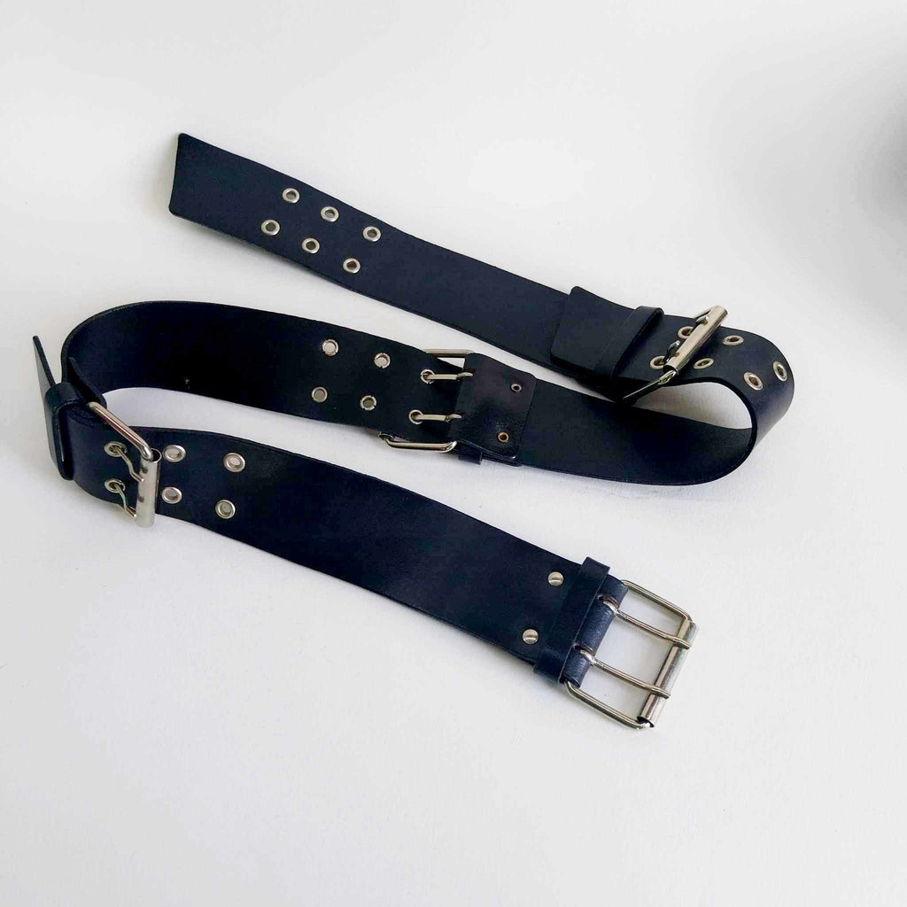 Vintage Black Leather Belt with 4 Double Buckles & Eyelets