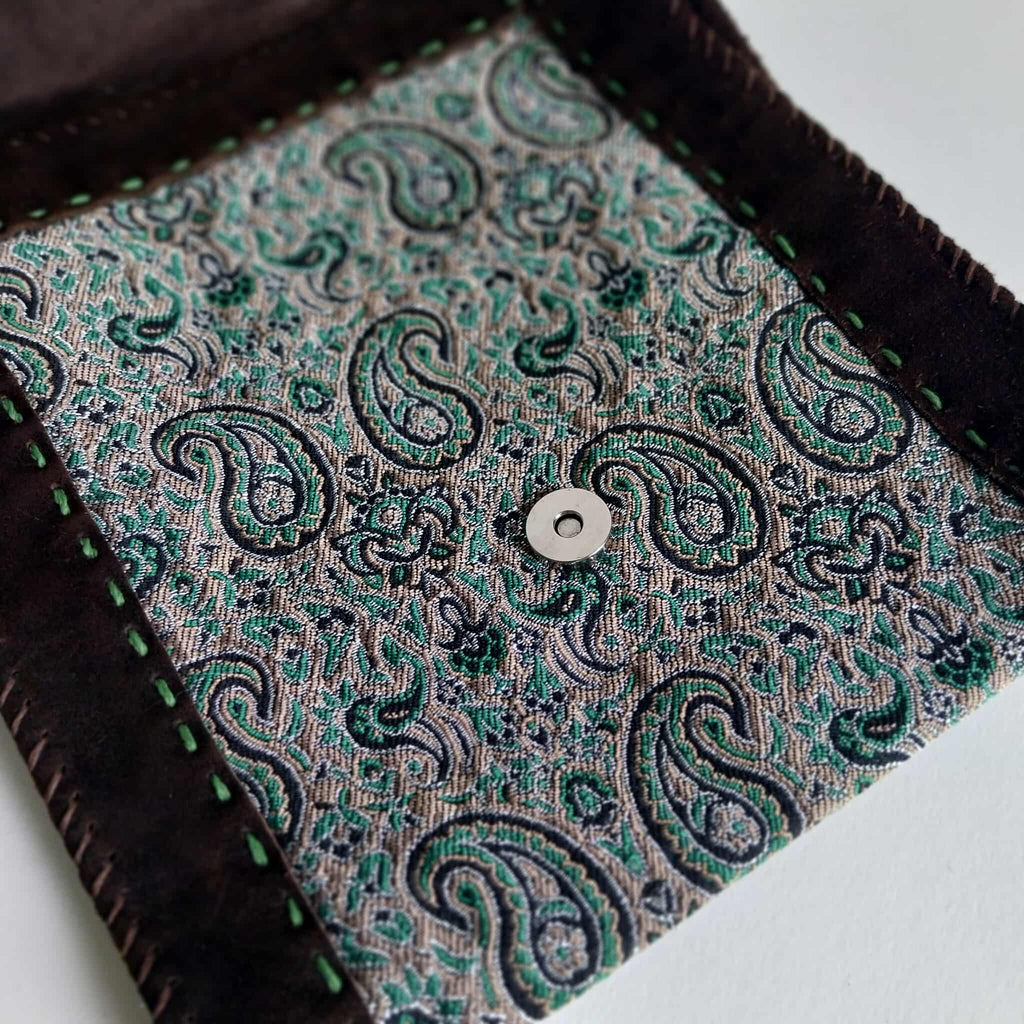 Vintage Boho Crossbody Bag – Suede Leather & Paisley Brocade with Flower Appliqués