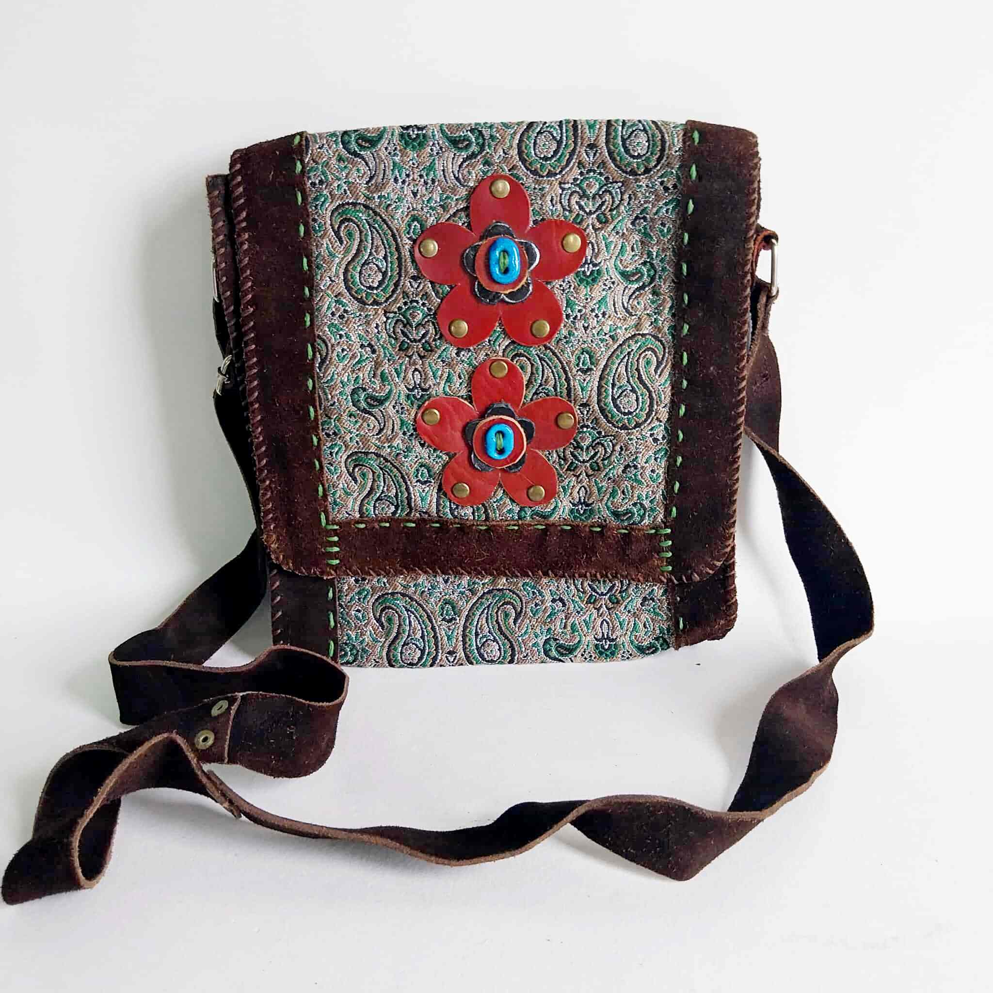 Vintage boho crossbody bag – front view with flower appliqués