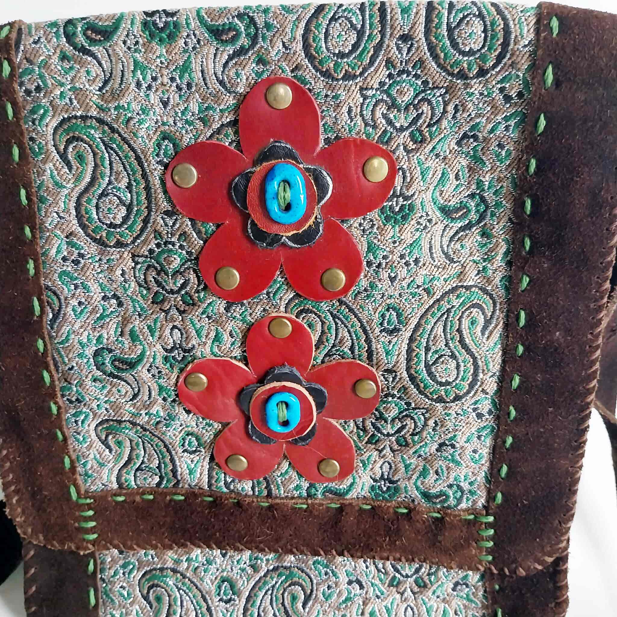 Vintage Boho Crossbody Bag – Suede Leather & Paisley Brocade with Flower Appliqués