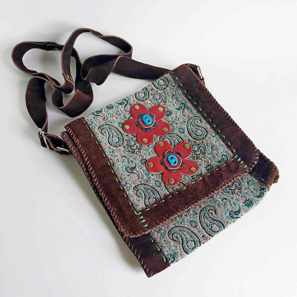 Vintage Boho Crossbody Bag – Suede Leather & Paisley Brocade with Flower Appliqués