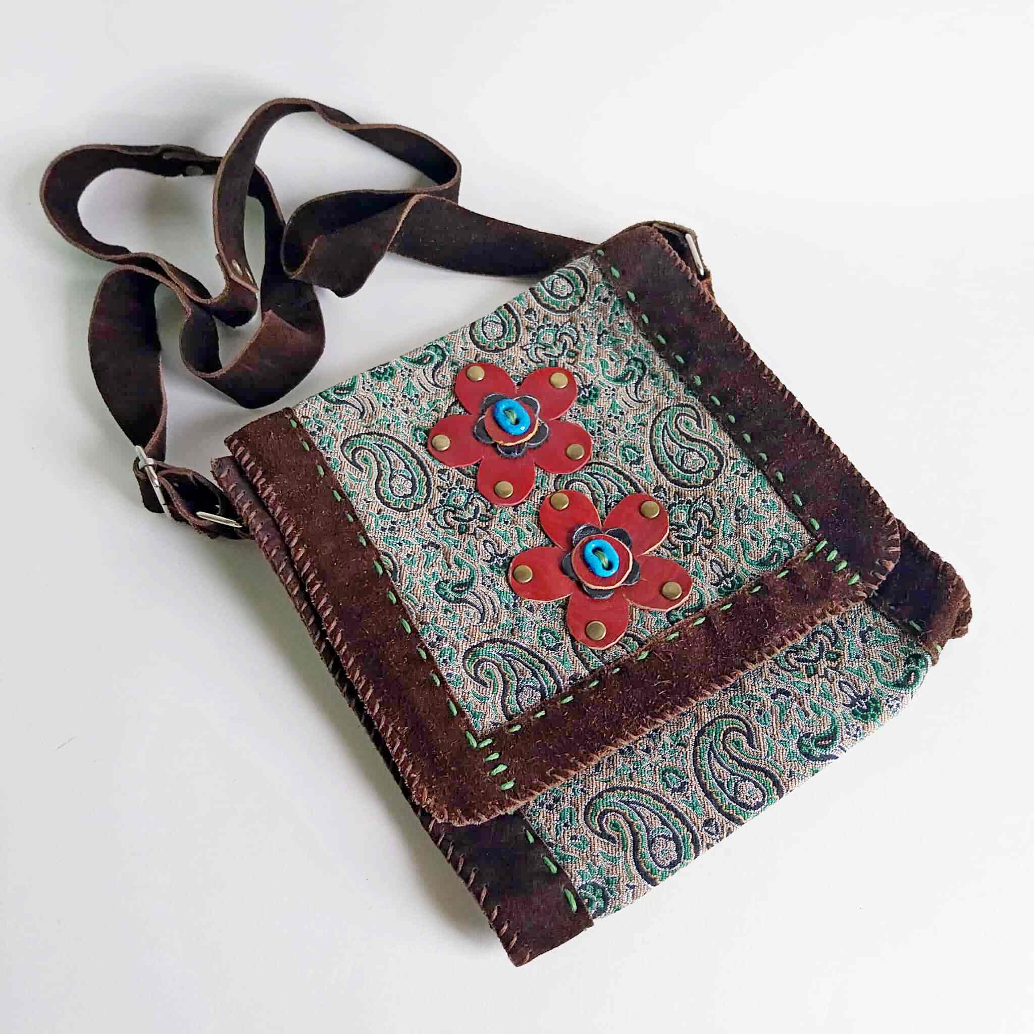 Vintage Boho Crossbody Bag – Suede Leather & Paisley Brocade with Flower Appliqués