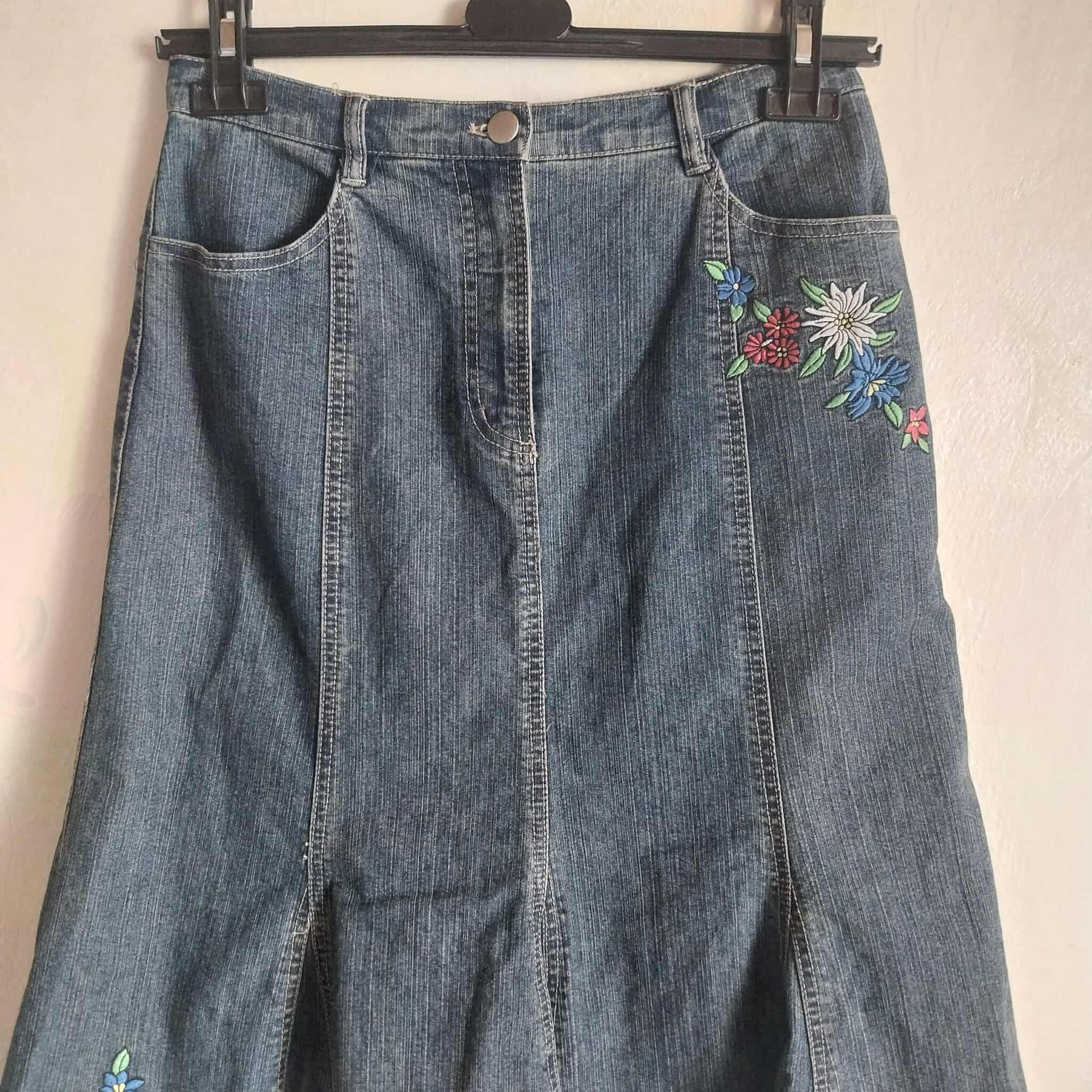 Vintage Denim Midi Skirt – Floral Embroidery & Gingham Ruffle Hem, Mermaid Silhouette