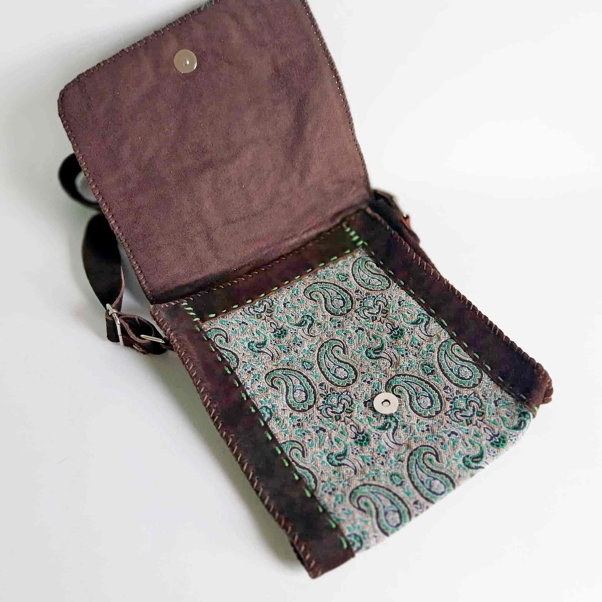 Vintage Boho Crossbody Bag – Suede Leather & Paisley Brocade with Flower Appliqués