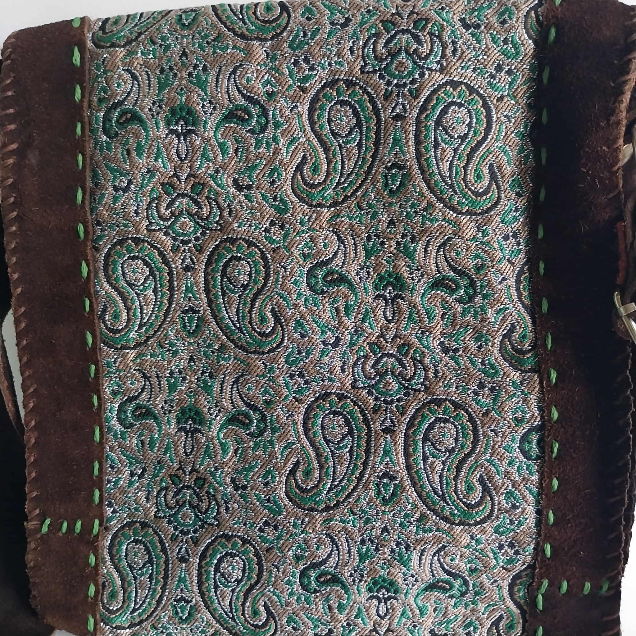 Vintage Boho Crossbody Bag – Suede Leather & Paisley Brocade with Flower Appliqués