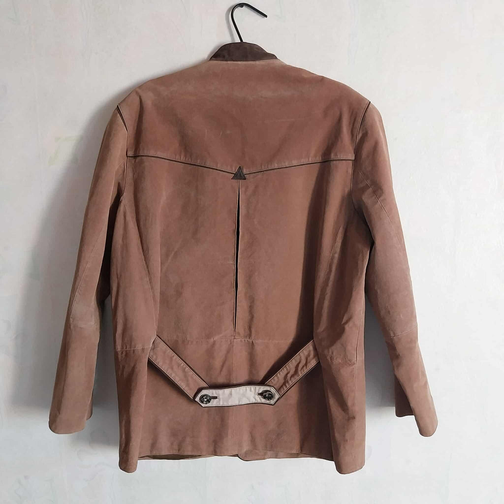 Vintage men's suede jacket back view with half-belt detail