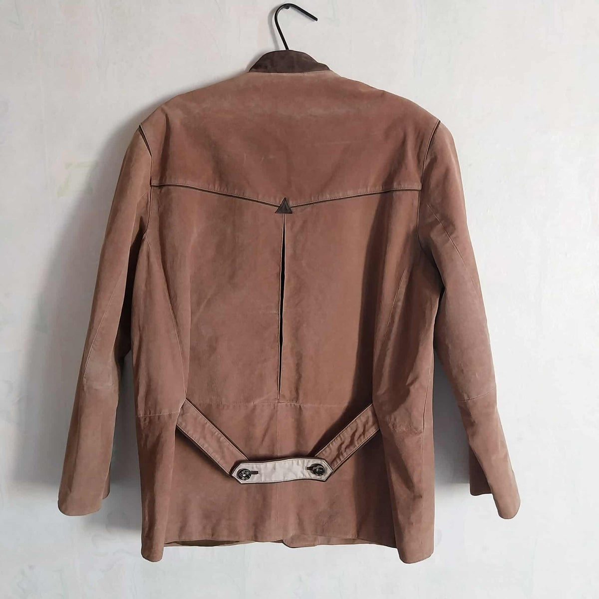 Vintage men's suede jacket back view with half-belt detail