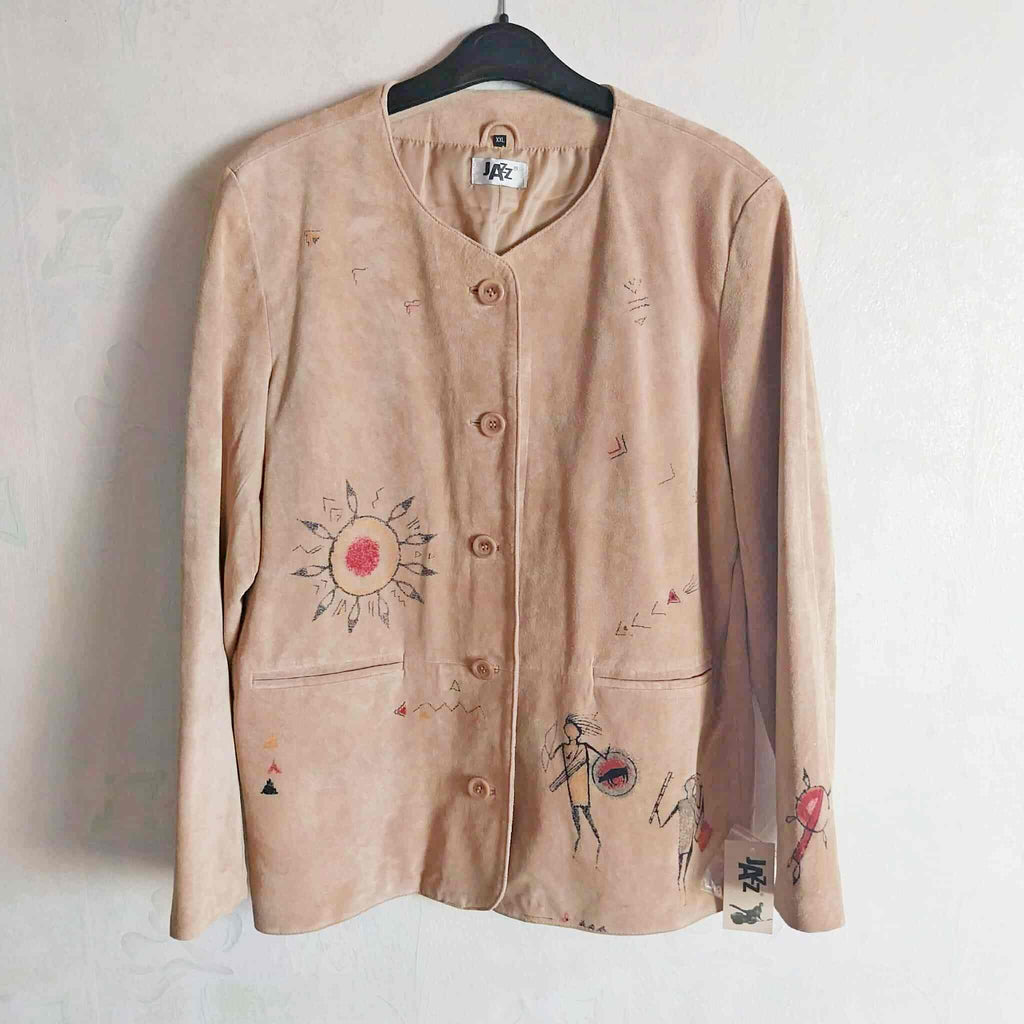 Vintage JAZZ Suede Jacket – Hand-Painted Primitive Art, Size XXL