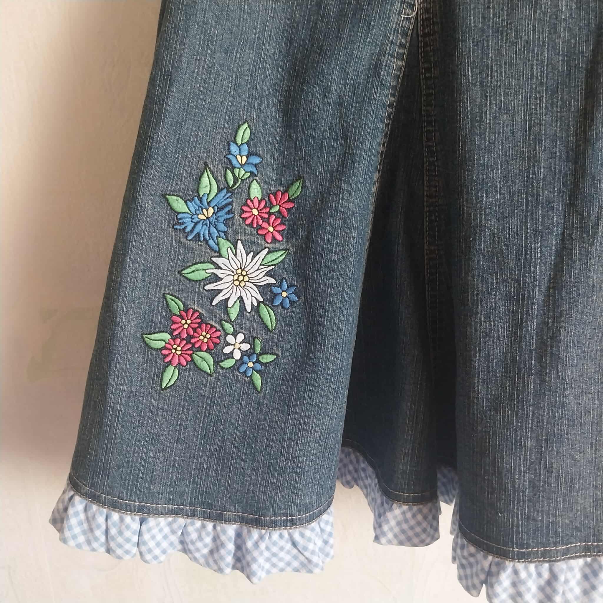 Vintage Denim Midi Skirt – Floral Embroidery & Gingham Ruffle Hem, Mermaid Silhouette