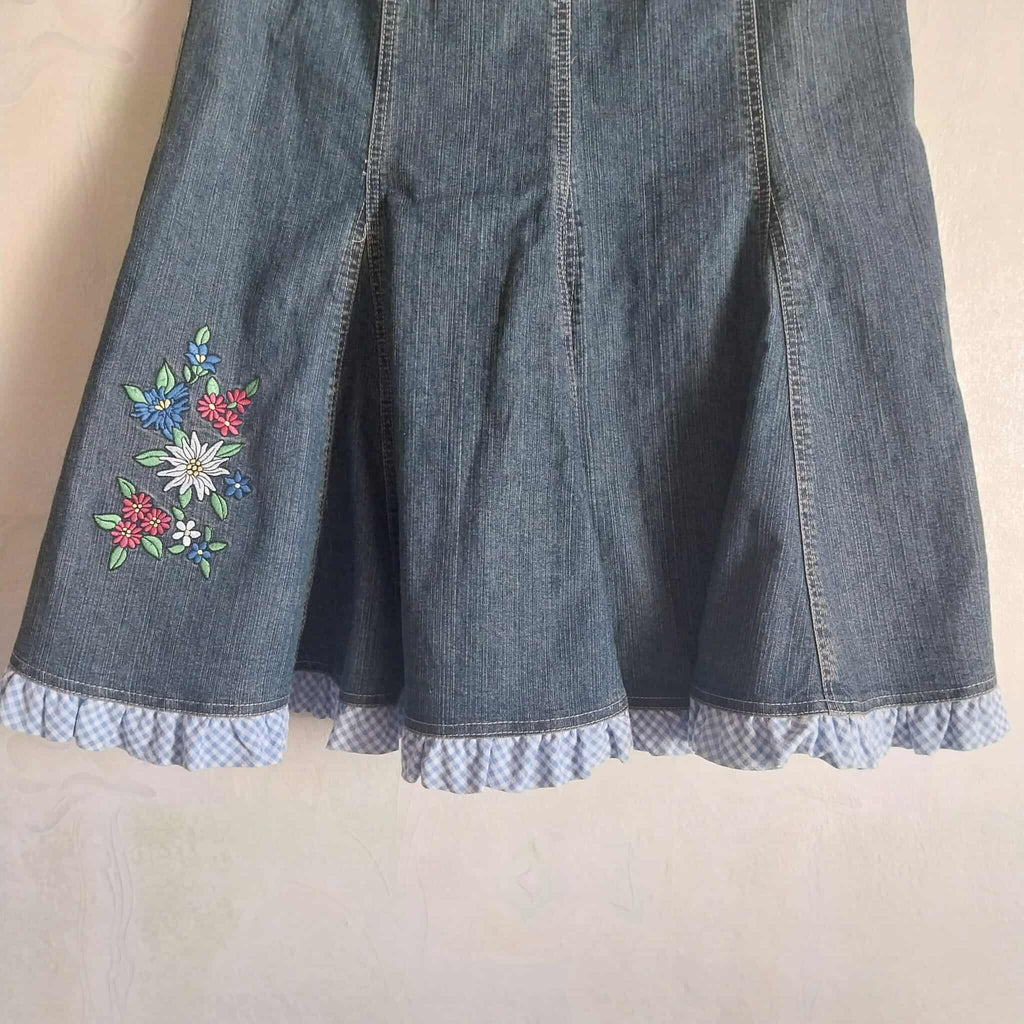 Vintage Denim Midi Skirt – Floral Embroidery & Gingham Ruffle Hem, Mermaid Silhouette