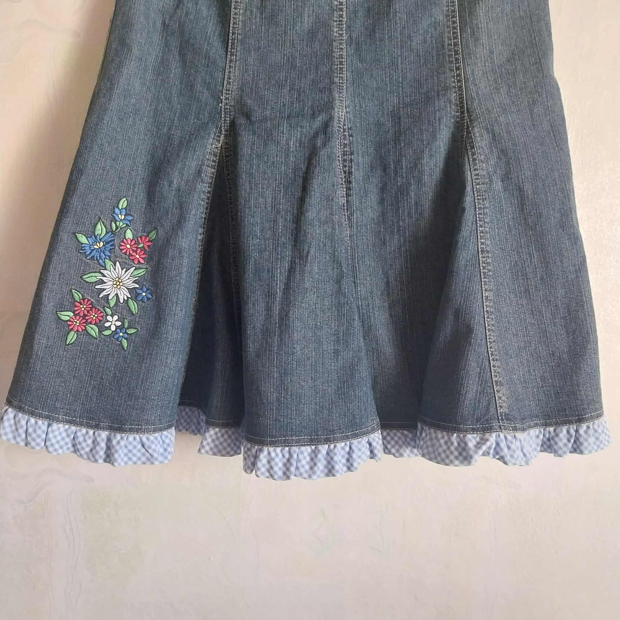 Vintage Denim Midi Skirt – Floral Embroidery & Gingham Ruffle Hem, Mermaid Silhouette
