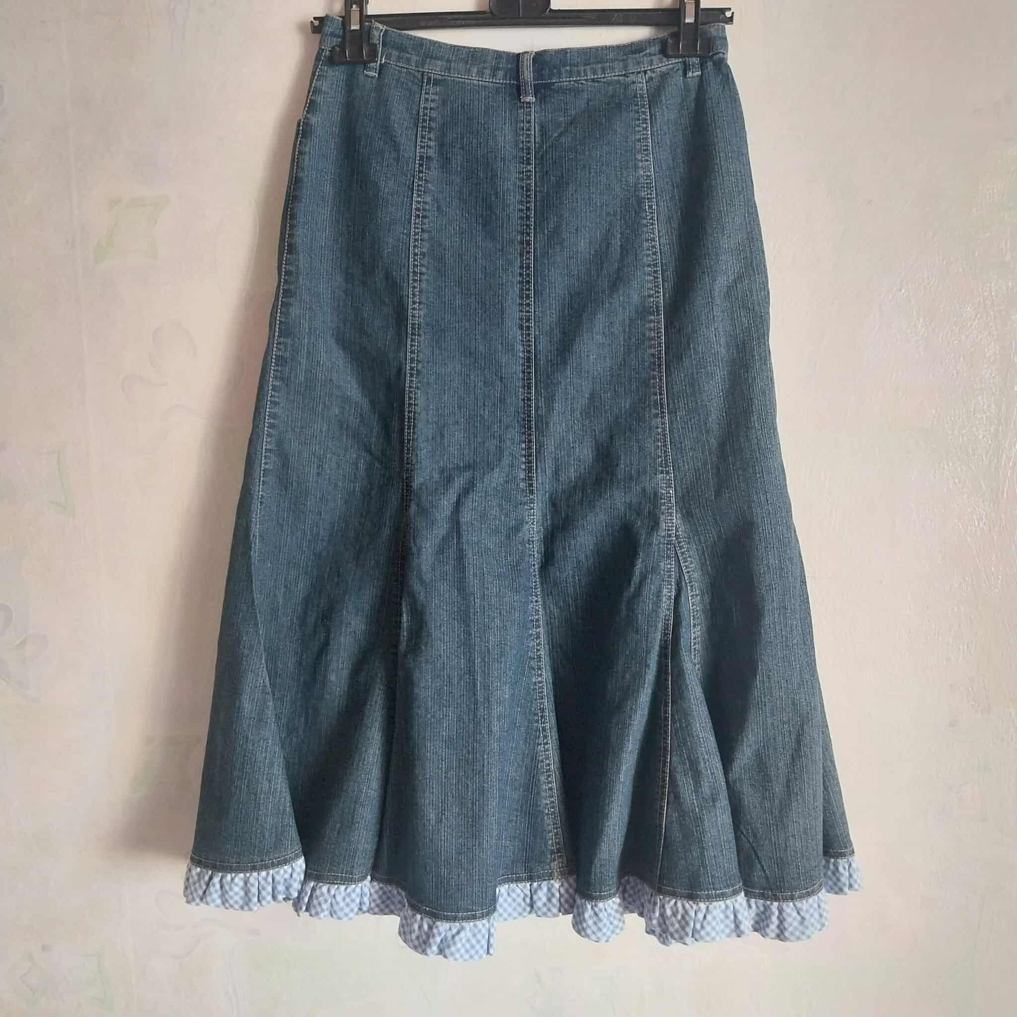 Vintage Denim Midi Skirt – Floral Embroidery & Gingham Ruffle Hem, Mermaid Silhouette