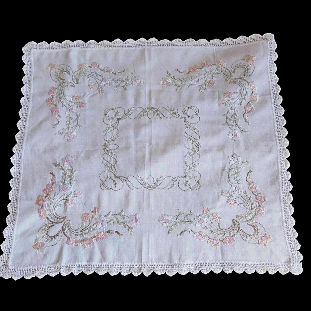 Vintage Hand-Embroidered Linen Doily – Roses & Rococo Scrolls with Lace Border