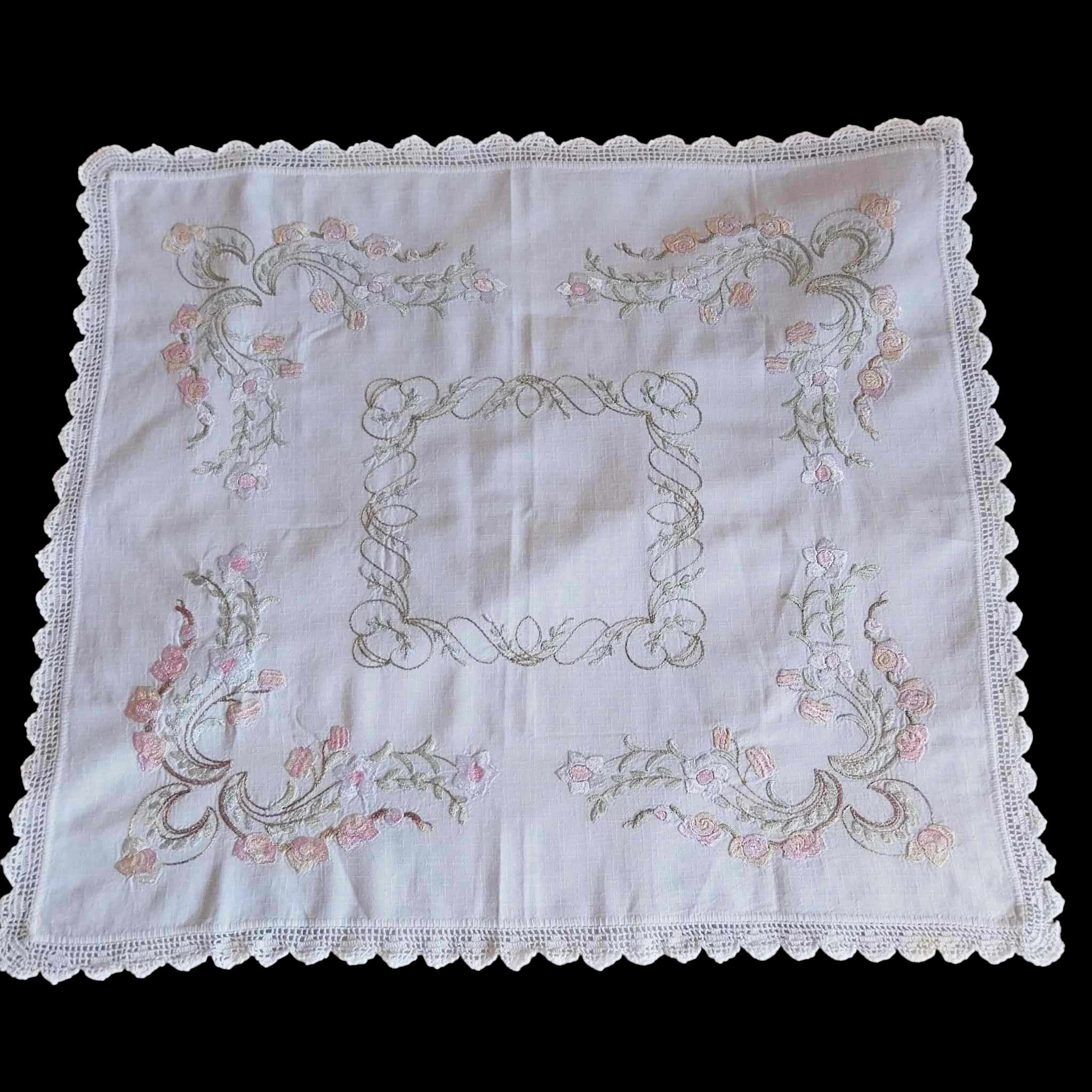 Vintage Hand-Embroidered Linen Doily – Roses & Rococo Scrolls with Lace Border