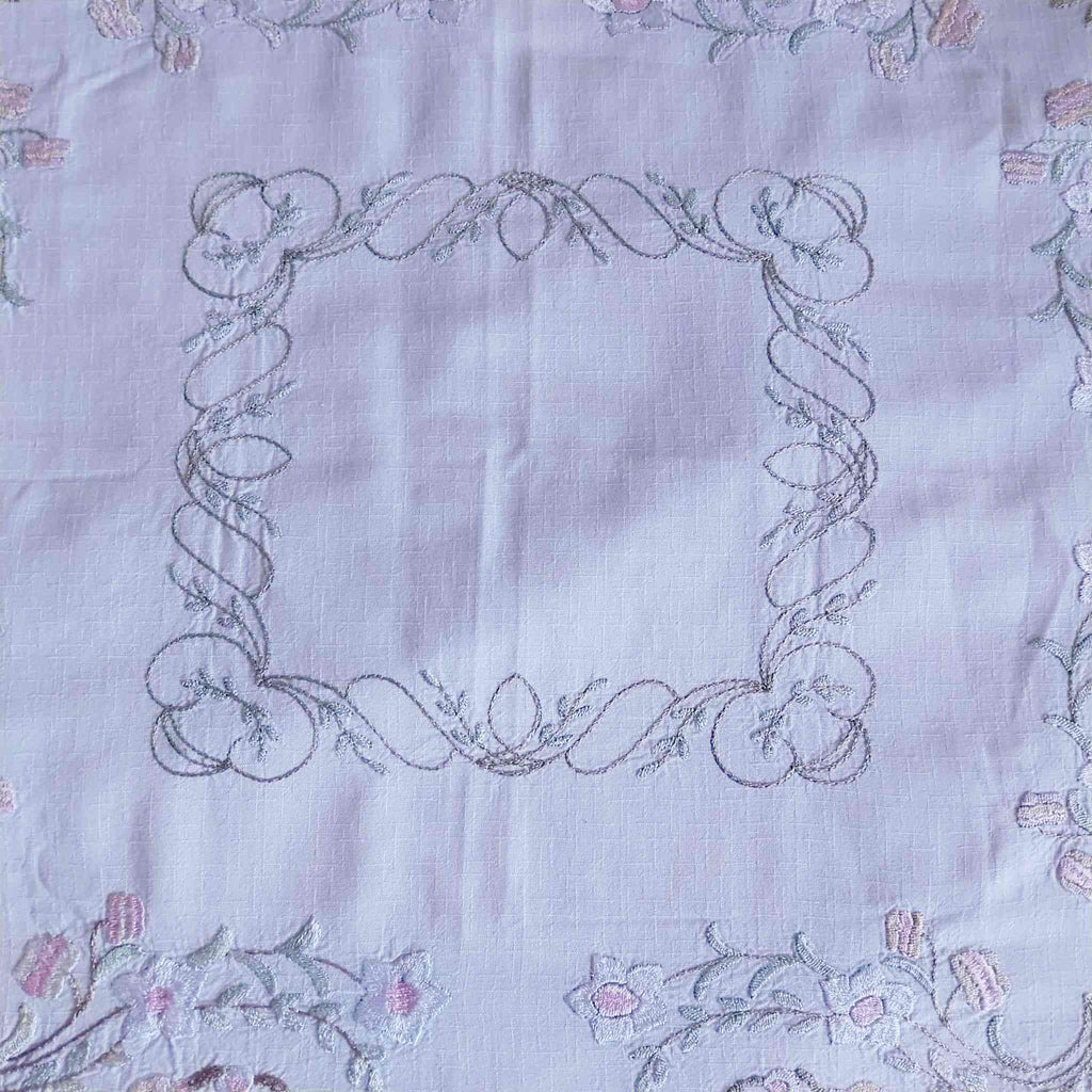 Vintage Hand-Embroidered Linen Doily – Roses & Rococo Scrolls with Lace Border