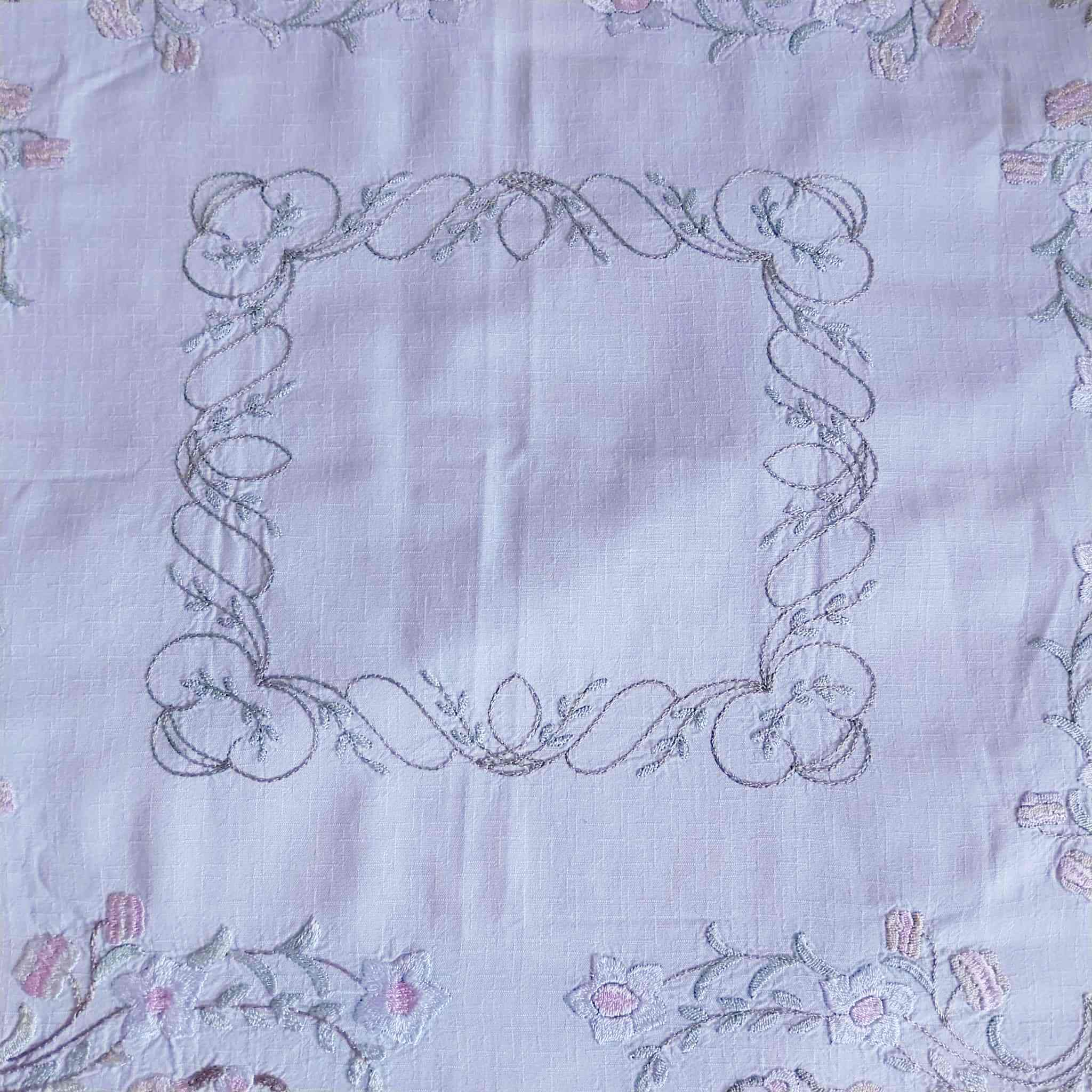 Vintage Hand-Embroidered Linen Doily – Roses & Rococo Scrolls with Lace Border