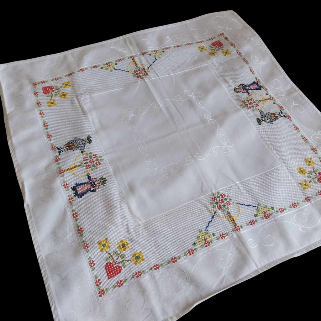 Vintage German Folk Art Cross-Stitch Tablecloth 80cm