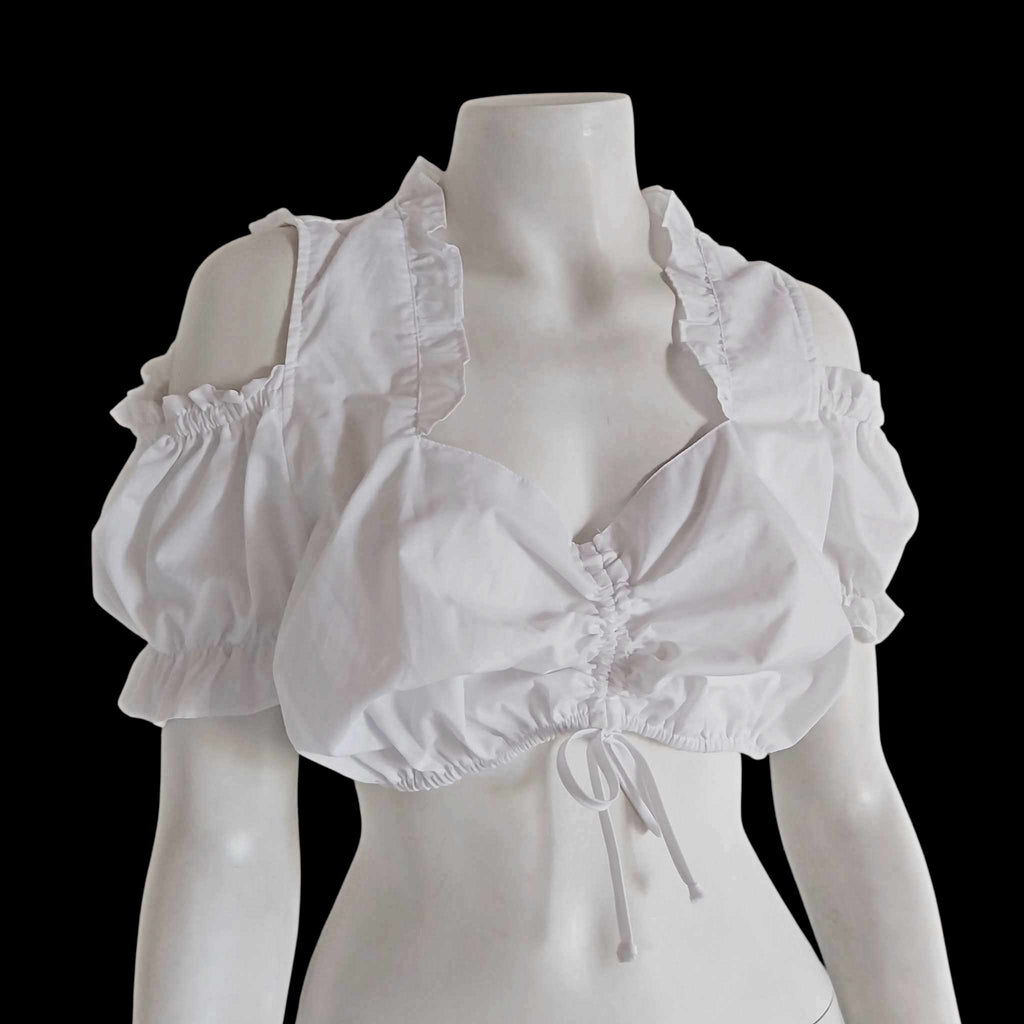 Vintage white Dirndl blouse front view – ruffled V-neck and puff sleeves