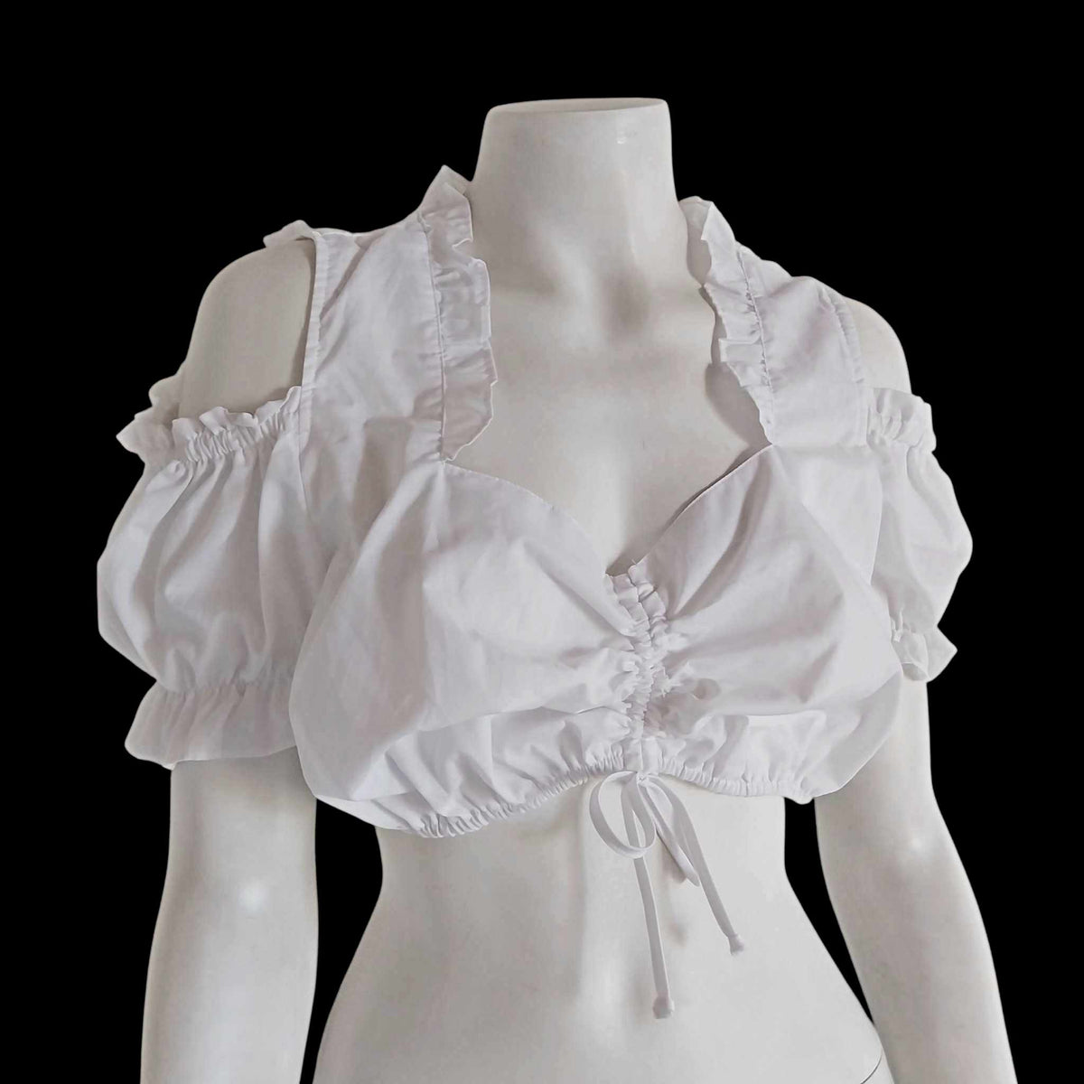 Vintage white Dirndl blouse front view – ruffled V-neck and puff sleeves