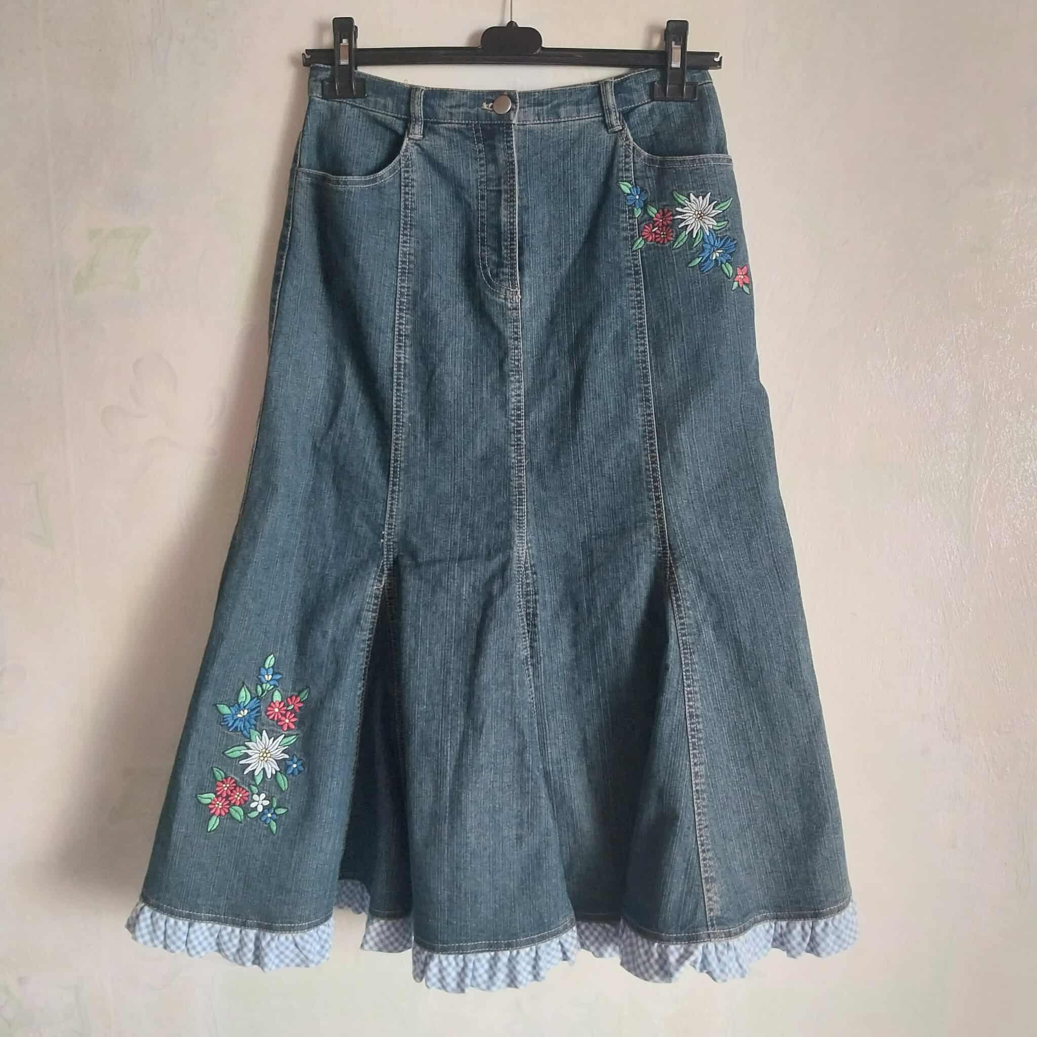 Vintage Denim Midi Skirt – Floral Embroidery & Gingham Ruffle Hem, Mermaid Silhouette