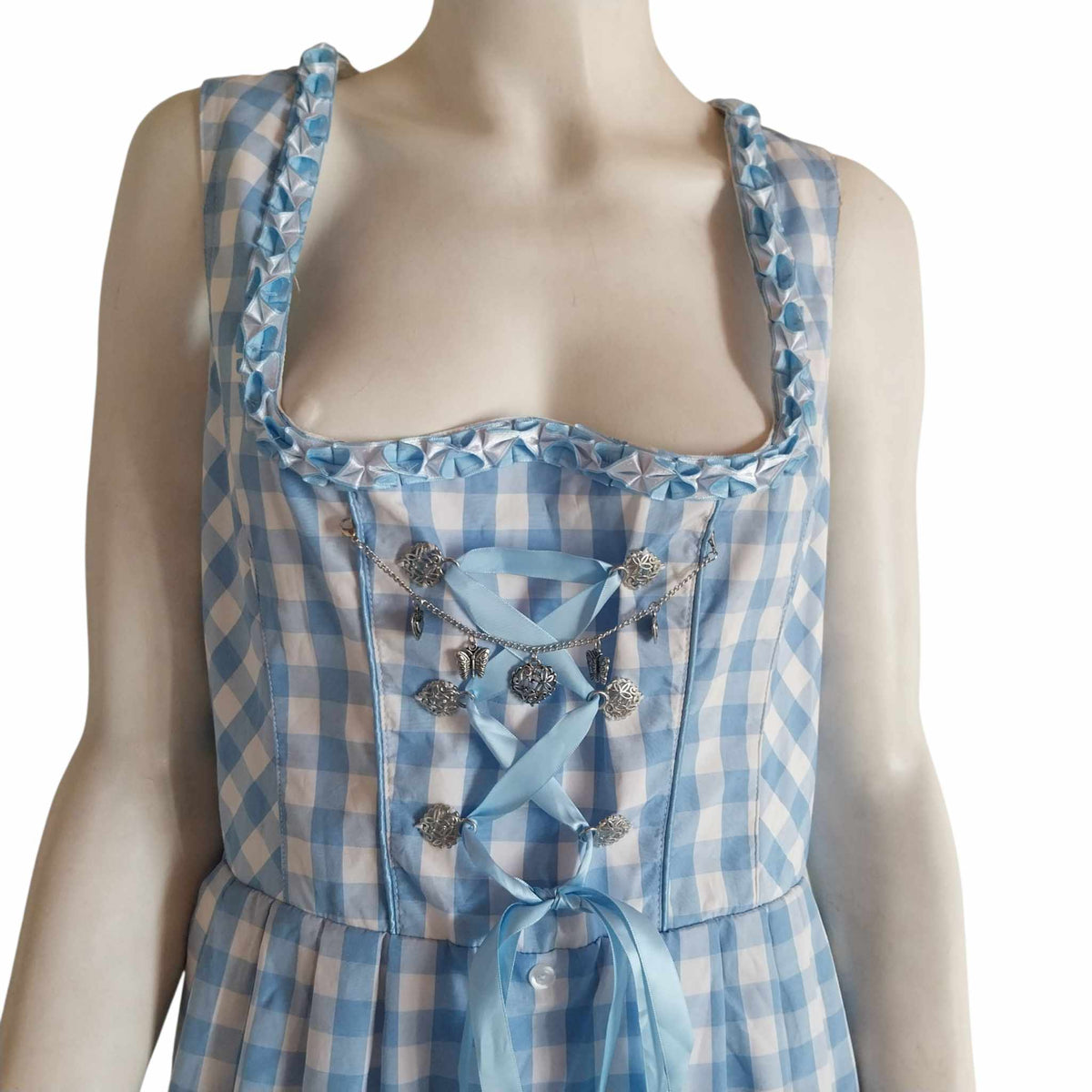 Blue and White Gingham Dirndl Dress with Blue Apron, Size 44