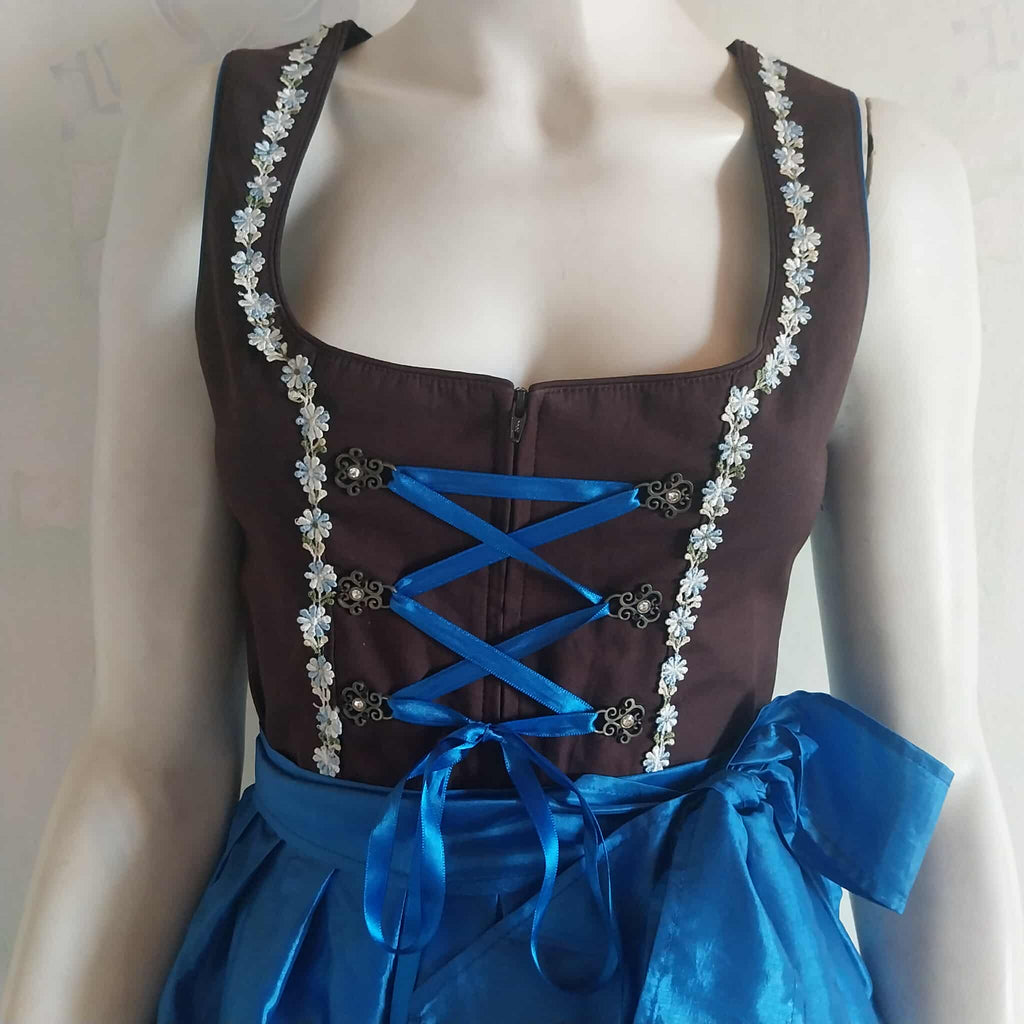 Stockerpoint Dirndl Dress — Black Bodice, Blue Gingham Skirt & Satin Apron, Size 38
