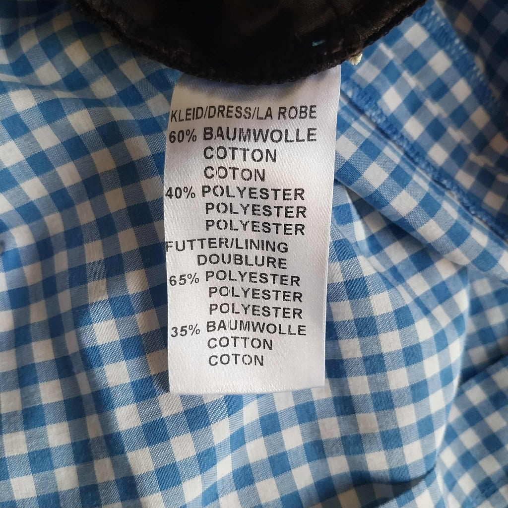 Stockerpoint Dirndl Dress — Black Bodice, Blue Gingham Skirt & Satin Apron, Size 38