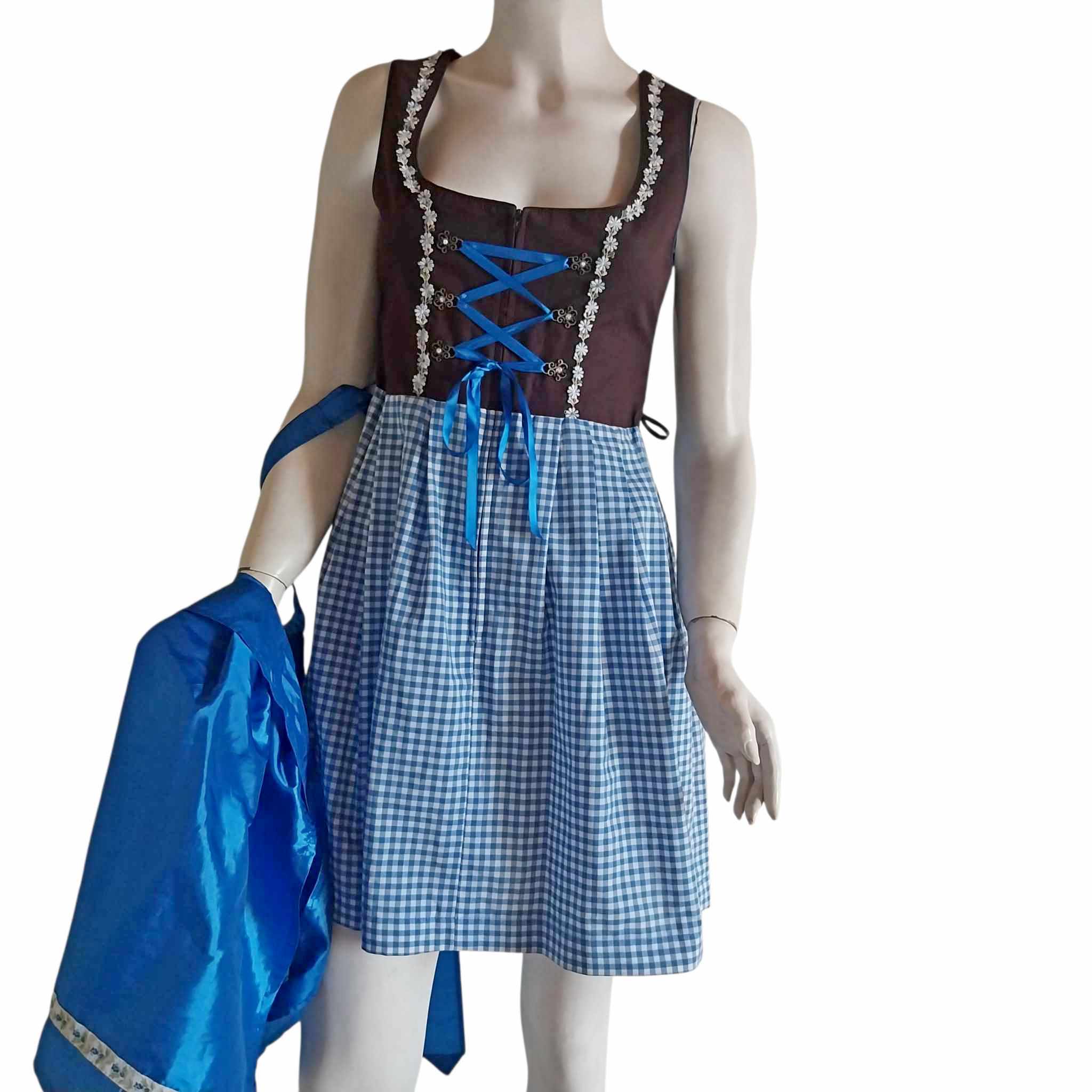 Stockerpoint Dirndl Dress — Black Bodice, Blue Gingham Skirt & Satin Apron, Size 38