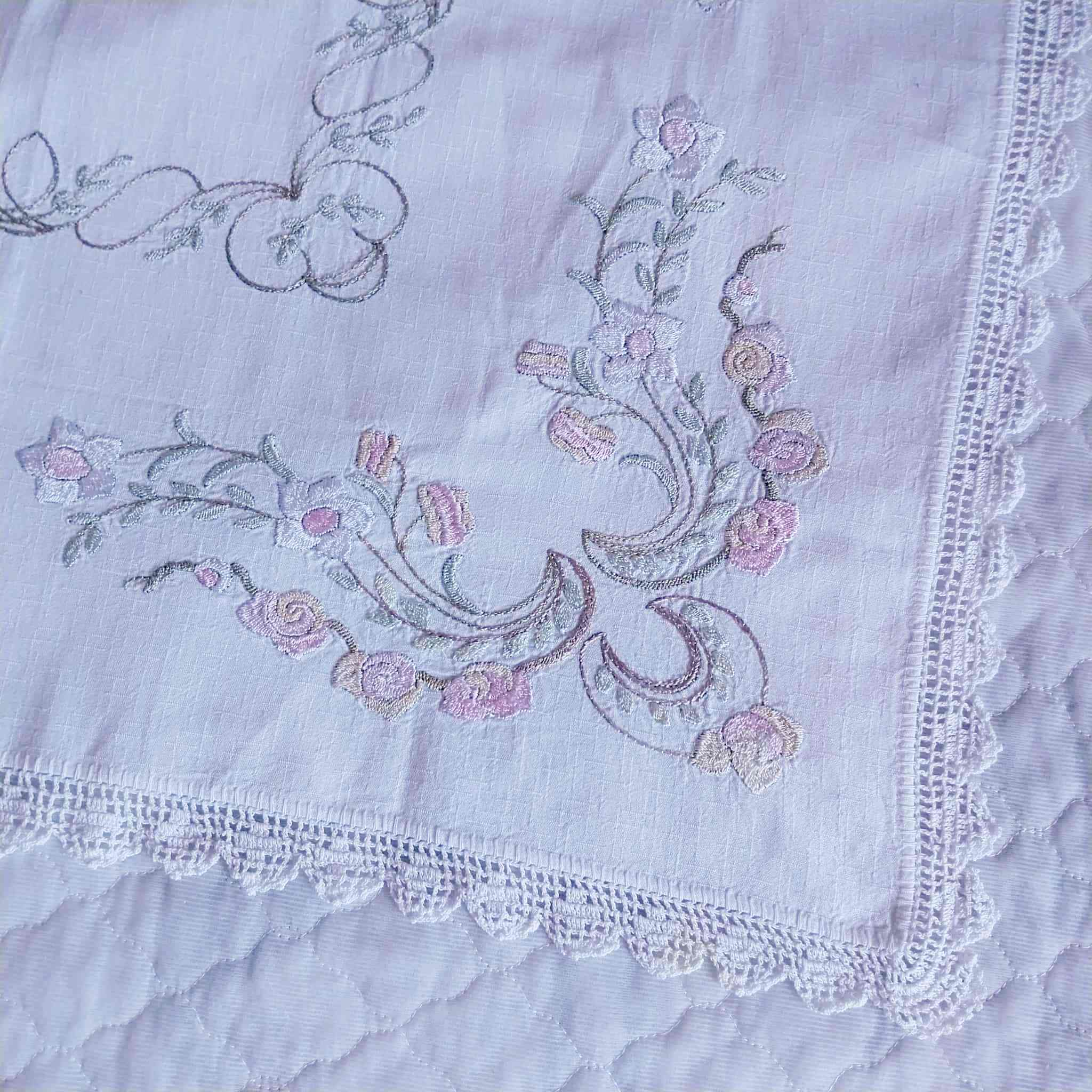 Vintage Hand-Embroidered Linen Doily – Roses & Rococo Scrolls with Lace Border