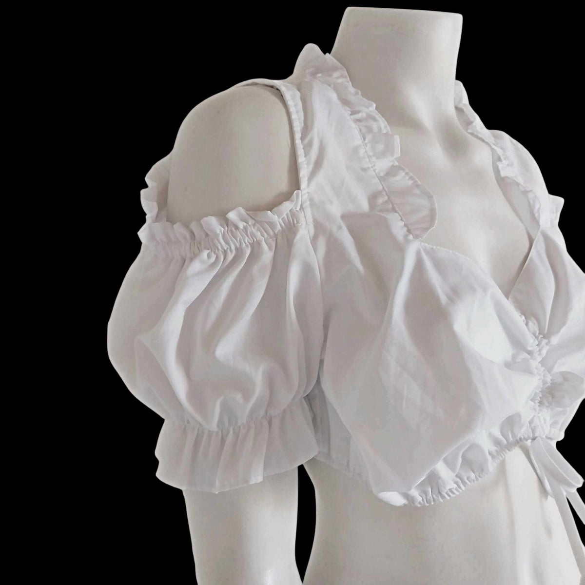 Vintage Dirndl Blouse – White Ruffled Cotton Blend, Size 44