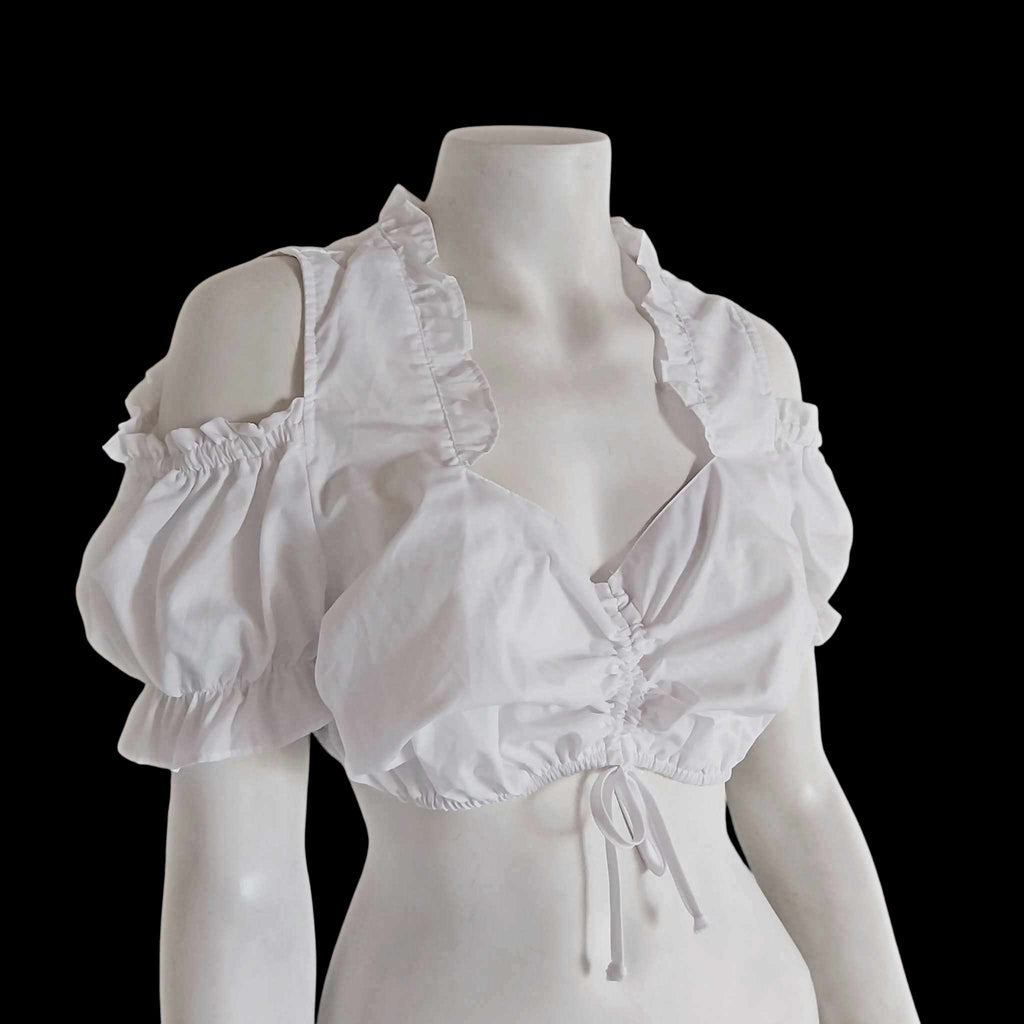 Vintage Dirndl Blouse – White Ruffled Cotton Blend, Size 44