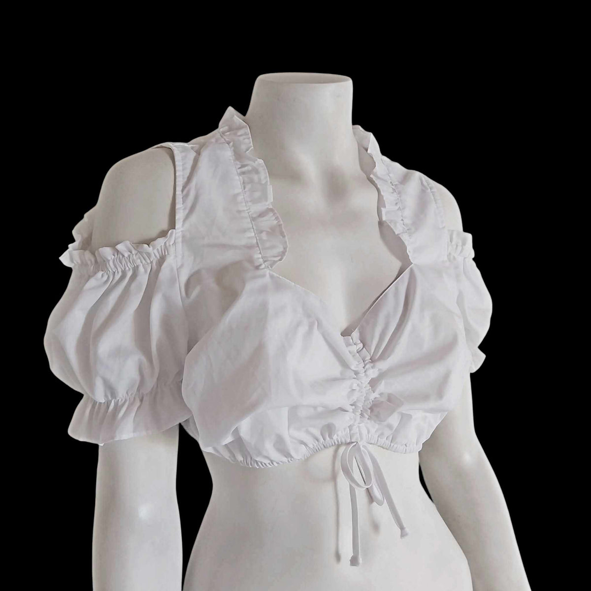 Vintage Dirndl Blouse – White Ruffled Cotton Blend, Size 44