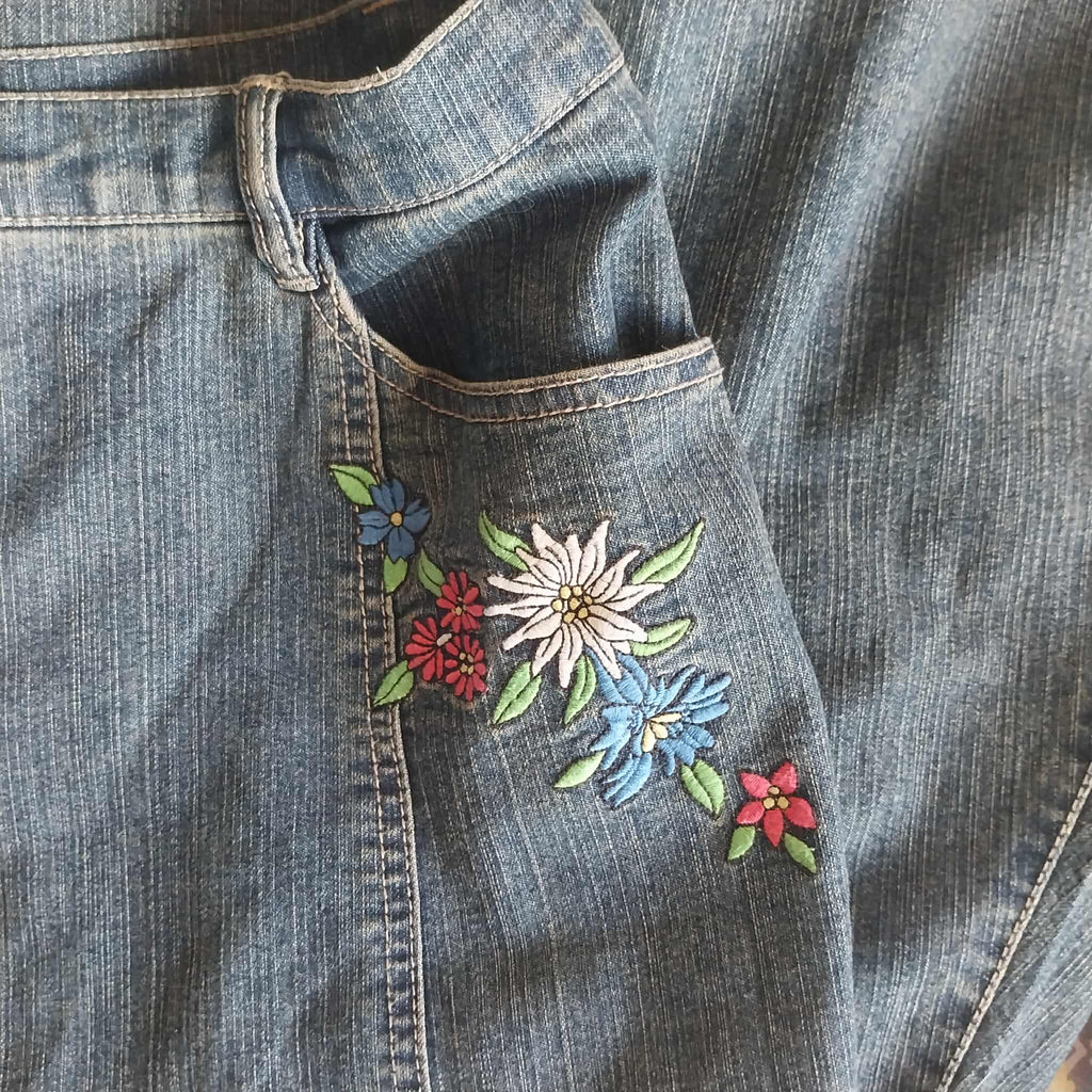 Vintage Denim Midi Skirt – Floral Embroidery & Gingham Ruffle Hem, Mermaid Silhouette