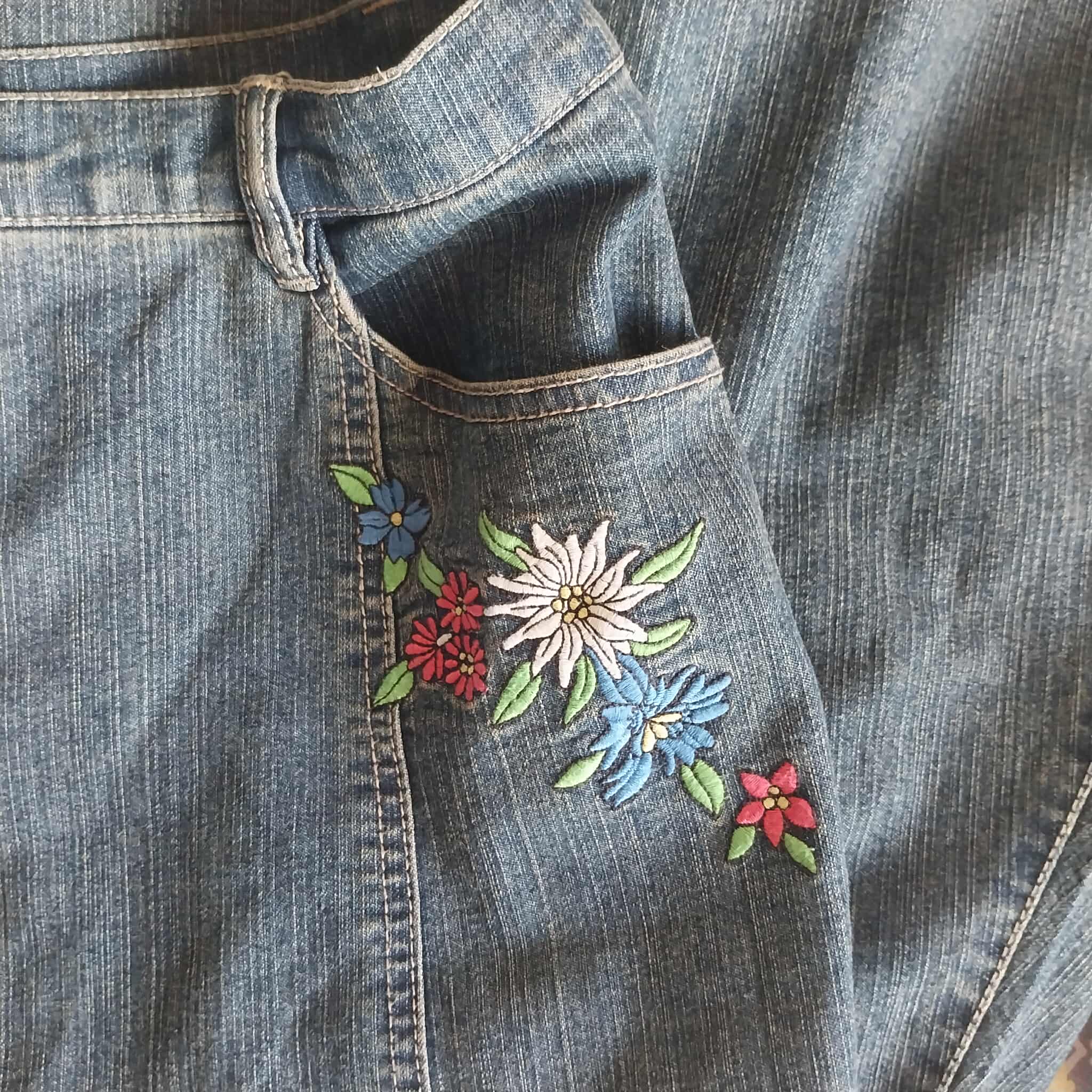 Vintage Denim Midi Skirt – Floral Embroidery & Gingham Ruffle Hem, Mermaid Silhouette