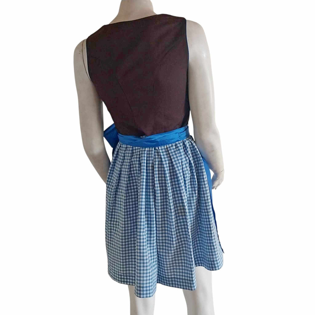 Stockerpoint dirndl dress back view — blue gingham skirt with satin bow