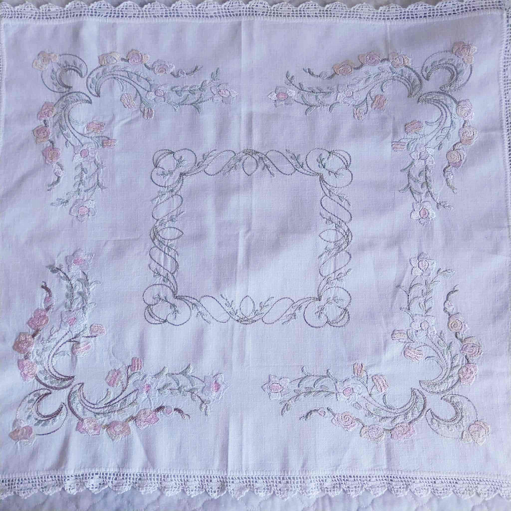 Vintage Hand-Embroidered Linen Doily – Roses & Rococo Scrolls with Lace Border