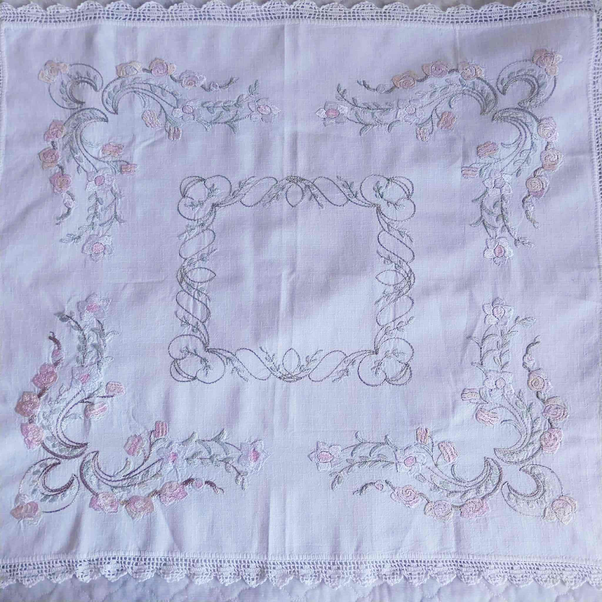 Vintage Hand-Embroidered Linen Doily – Roses & Rococo Scrolls with Lace Border