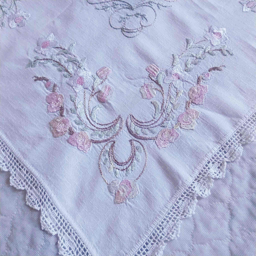 Vintage Hand-Embroidered Linen Doily – Roses & Rococo Scrolls with Lace Border