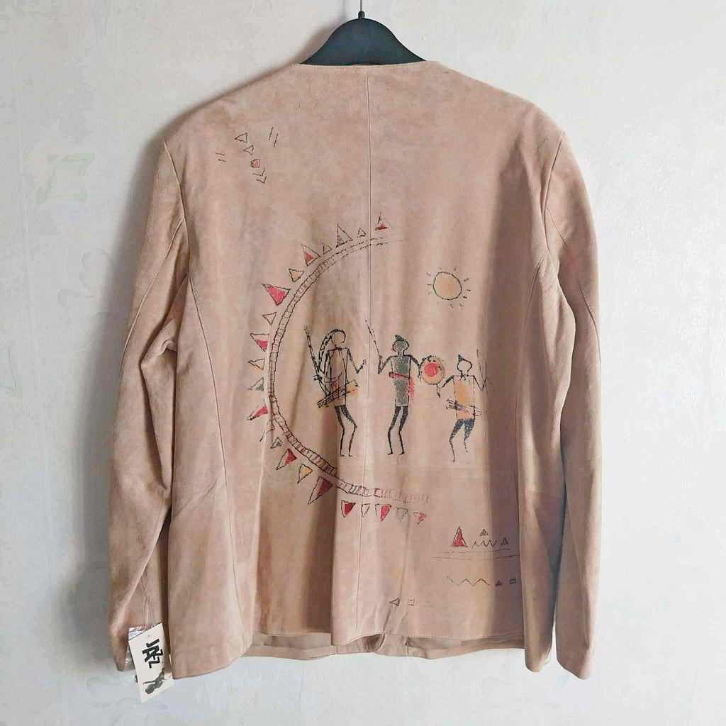 Vintage JAZZ Suede Jacket – Hand-Painted Primitive Art, Size XXL