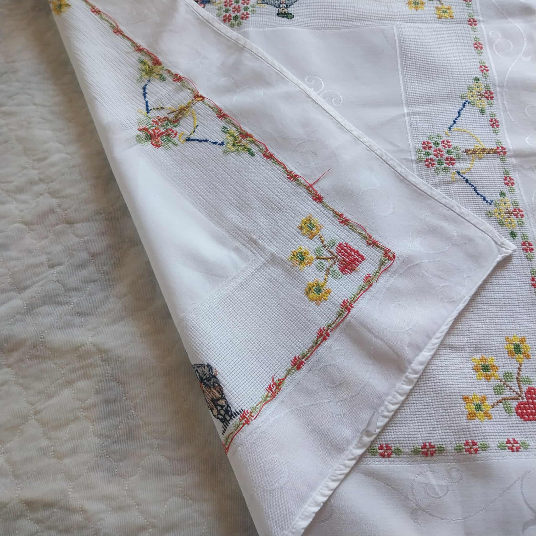 Vintage German Folk Art Cross-Stitch Tablecloth 80cm