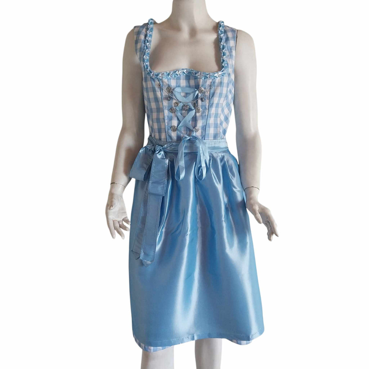 Blue and White Gingham Dirndl Dress with Blue Apron, Size 44