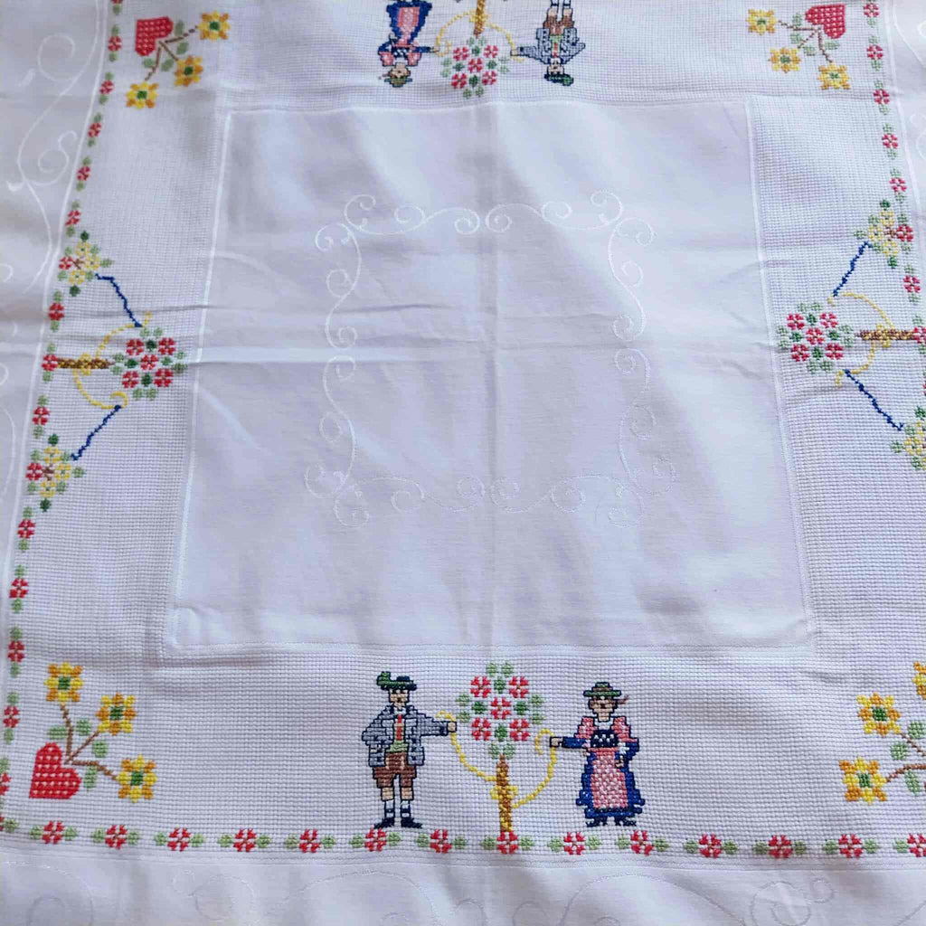 Vintage German Folk Art Cross-Stitch Tablecloth 80cm