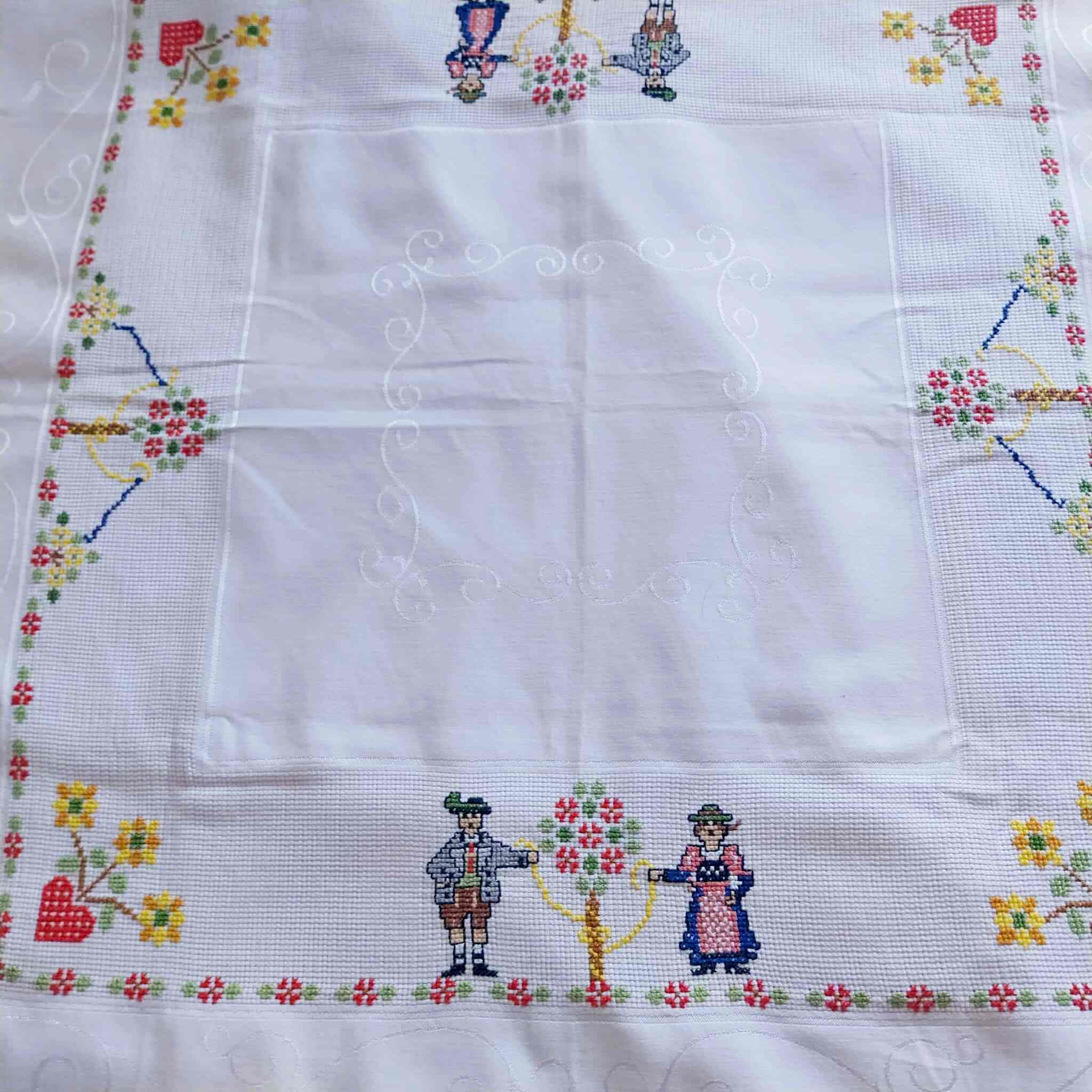 Vintage German Folk Art Cross-Stitch Tablecloth 80cm