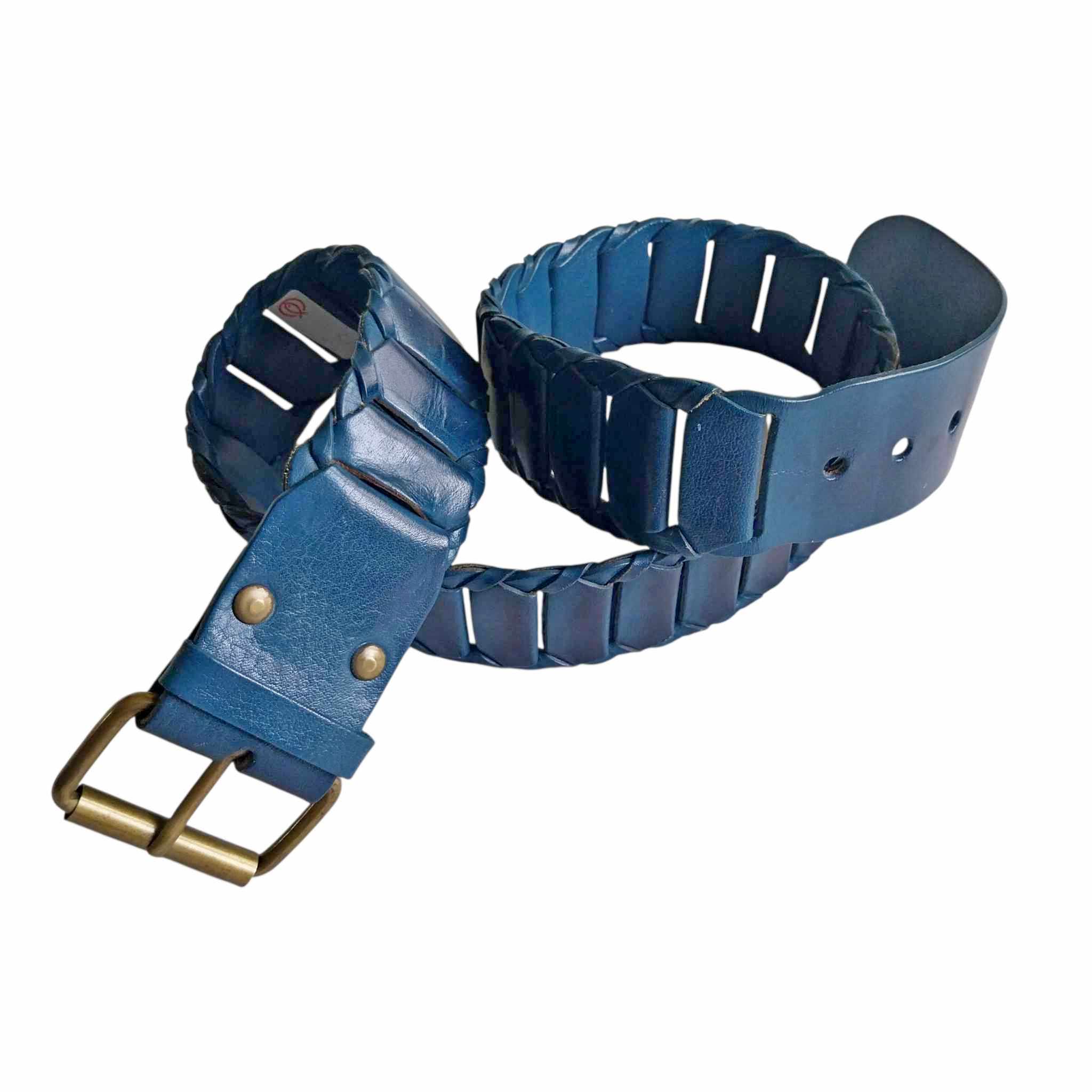 Vintage wide blue leather belt with woven pattern and brass buckle