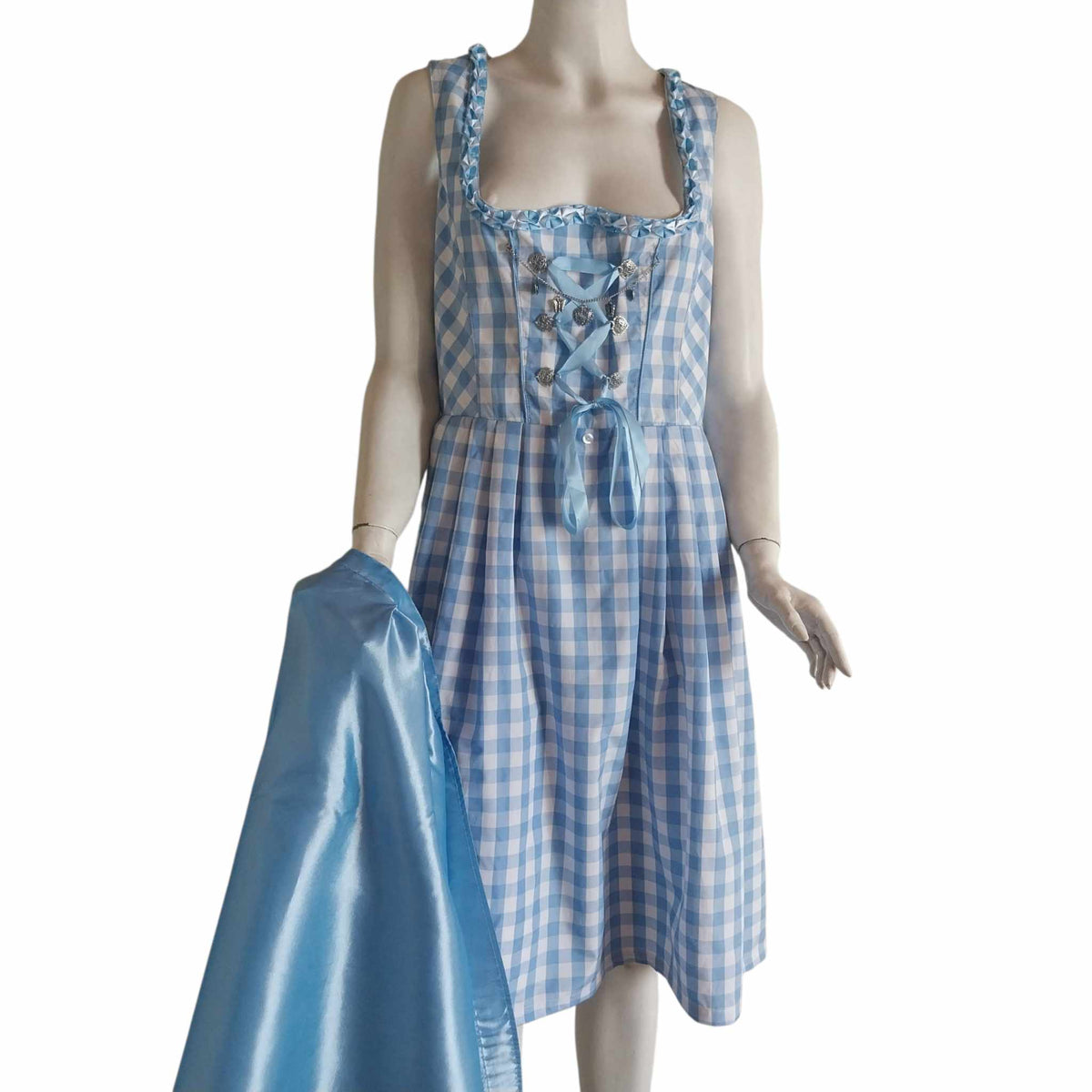 Blue and White Gingham Dirndl Dress with Blue Apron, Size 44