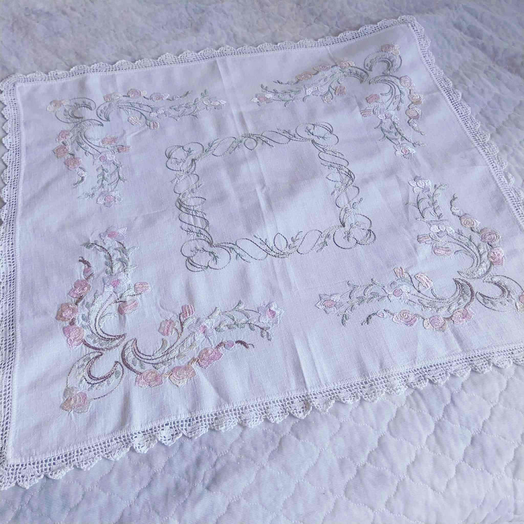 Vintage Hand-Embroidered Linen Doily – Roses & Rococo Scrolls with Lace Border